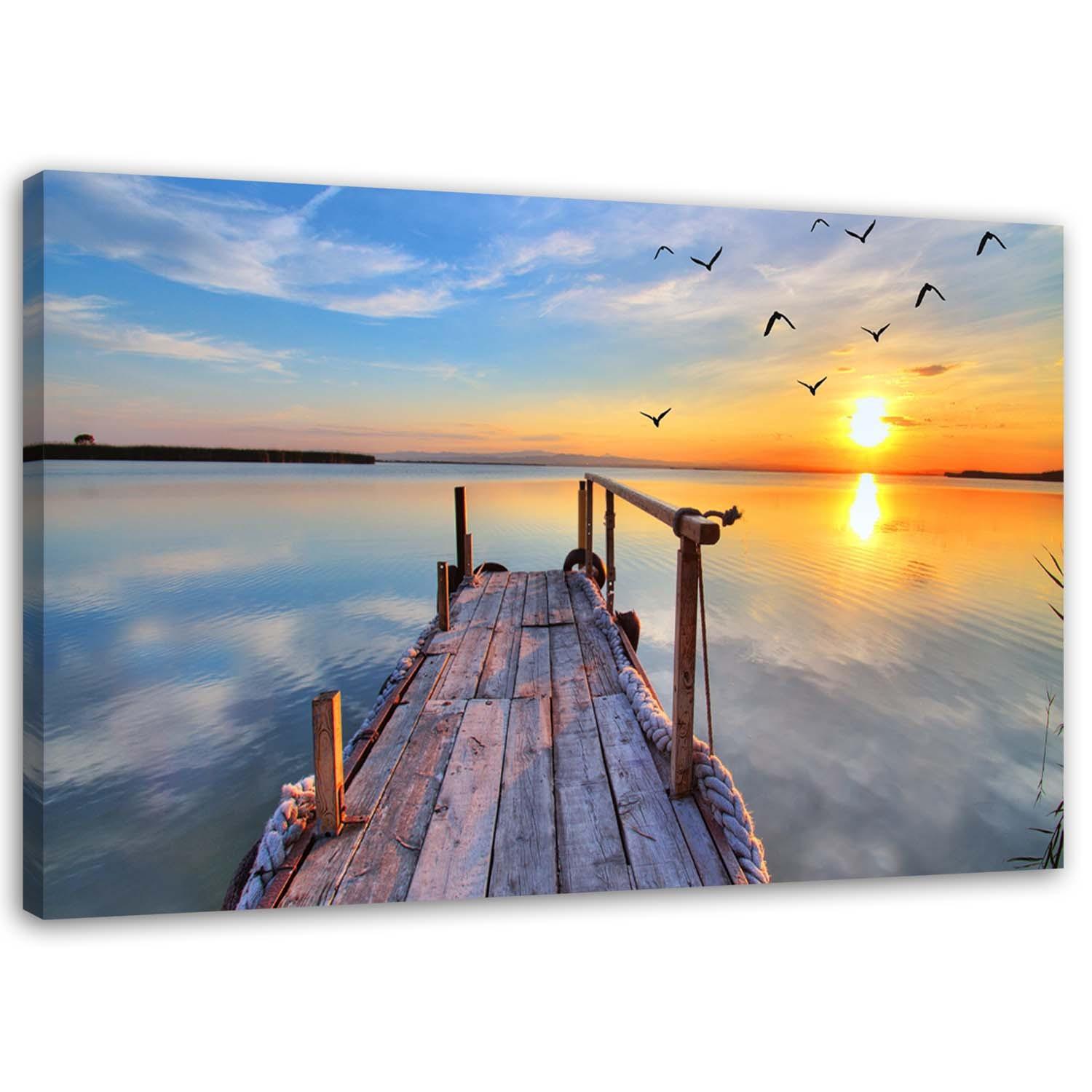 Canvasbillede, sø ved solnedgang