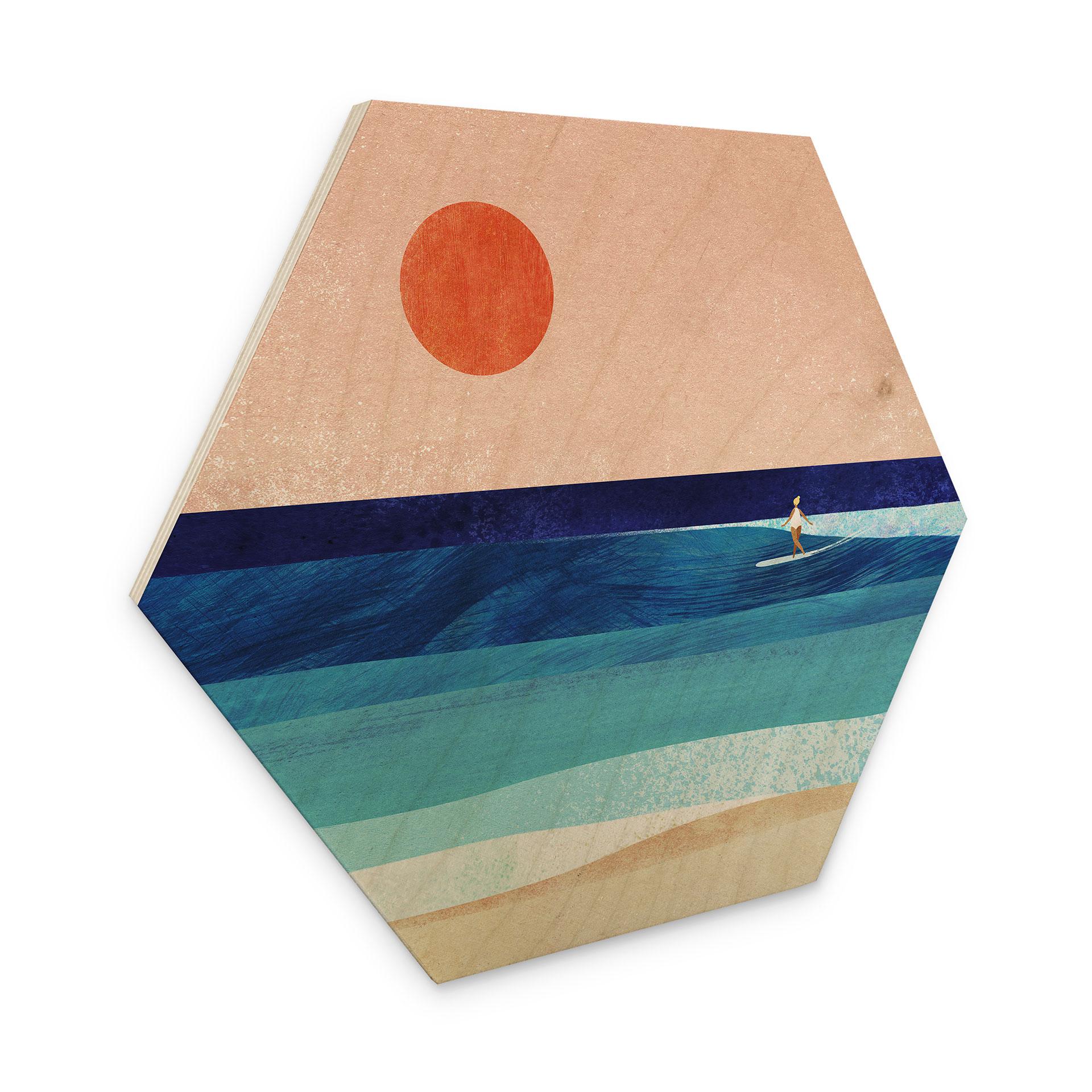 Hexagon-Holzbild Surfer Mädchen beim Sonnenuntergang - Rivers