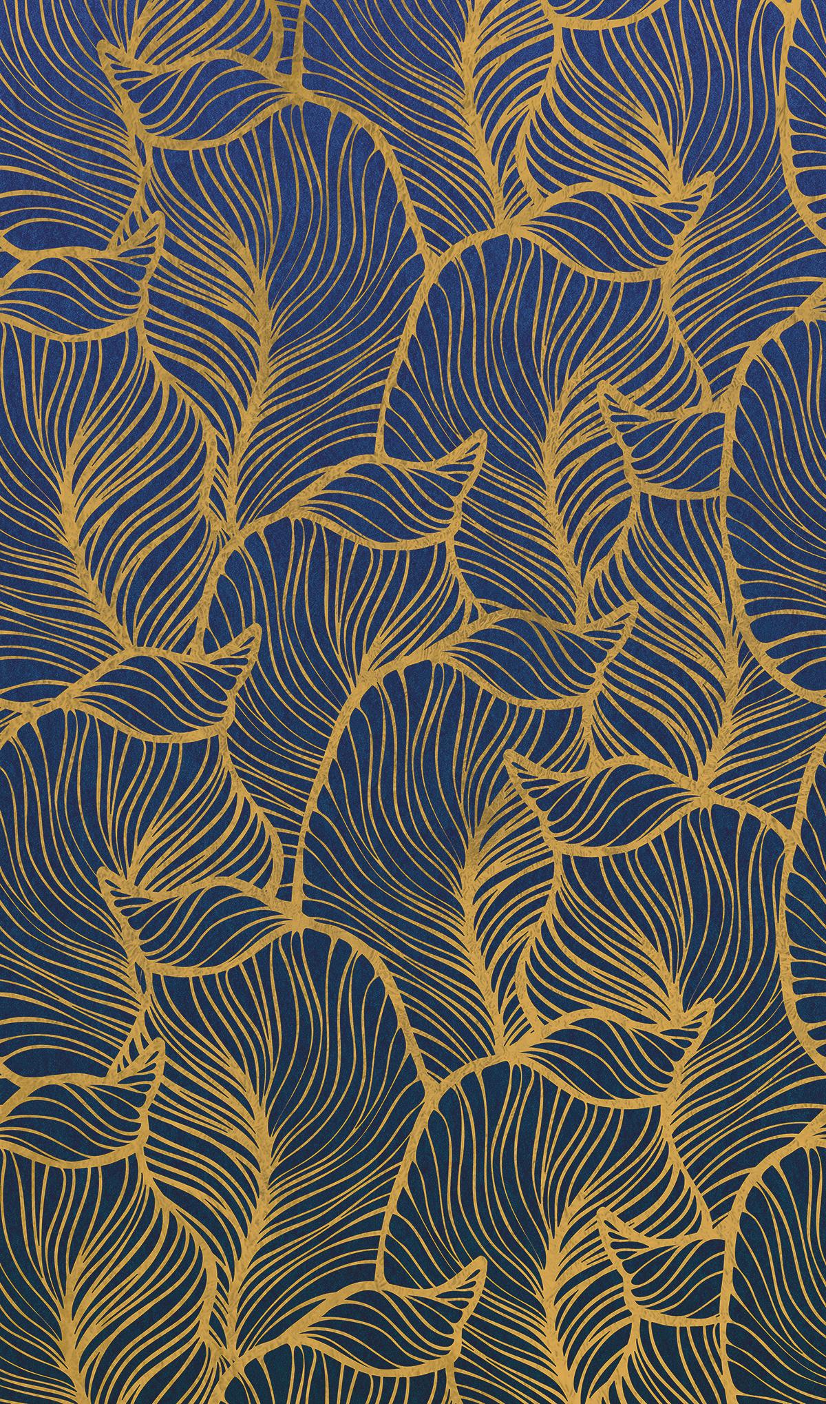 Fotobehang met abstract bladmotief blauw, geel,Bloemen 2,70 x 1,59 m