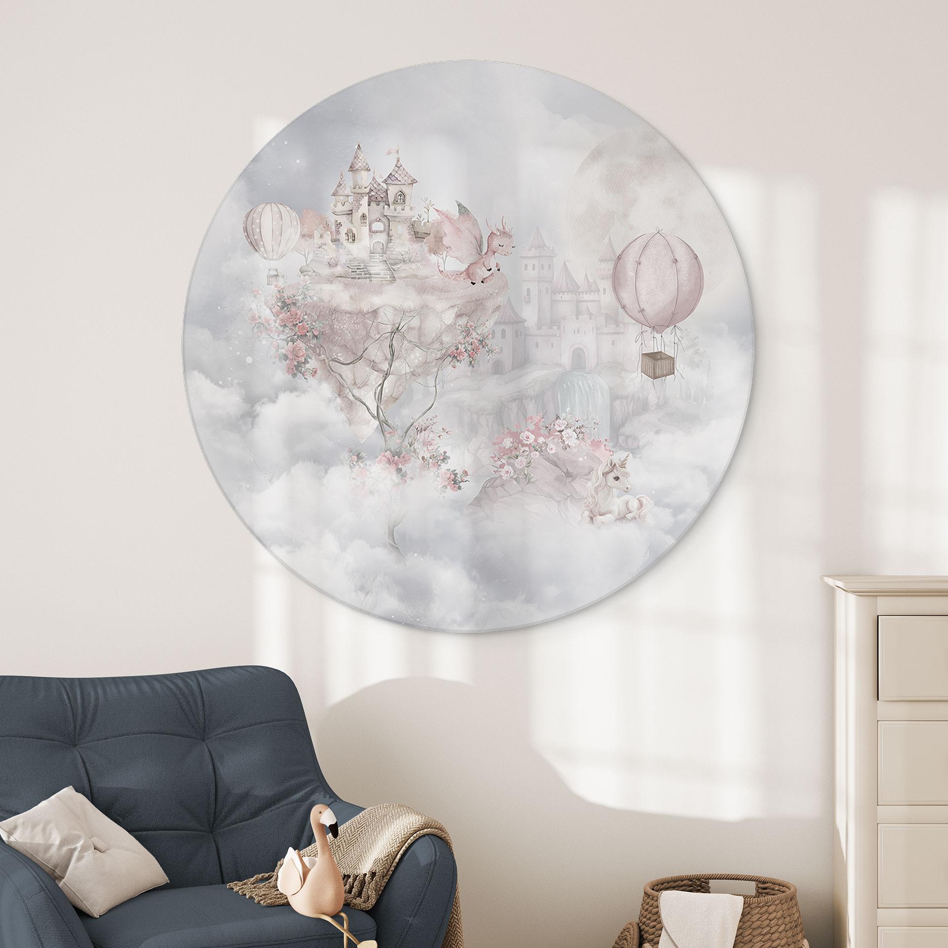 Wandbild Märchenwelt mit Schloss und Einhorn - Ms Tiff - Alu-Dibond - Rund