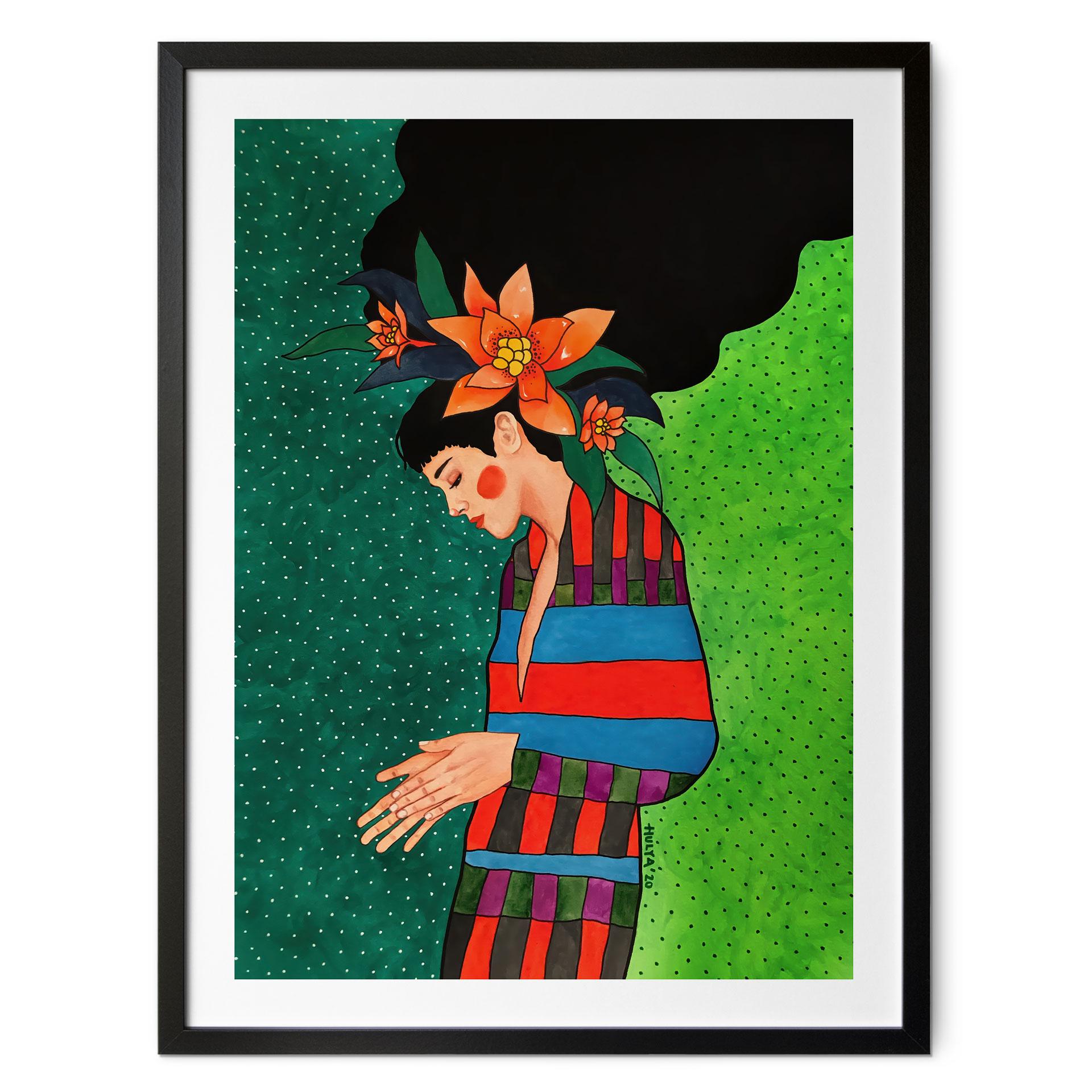 Plakat kvinde i stribet kjole med orange blomster - Hülya