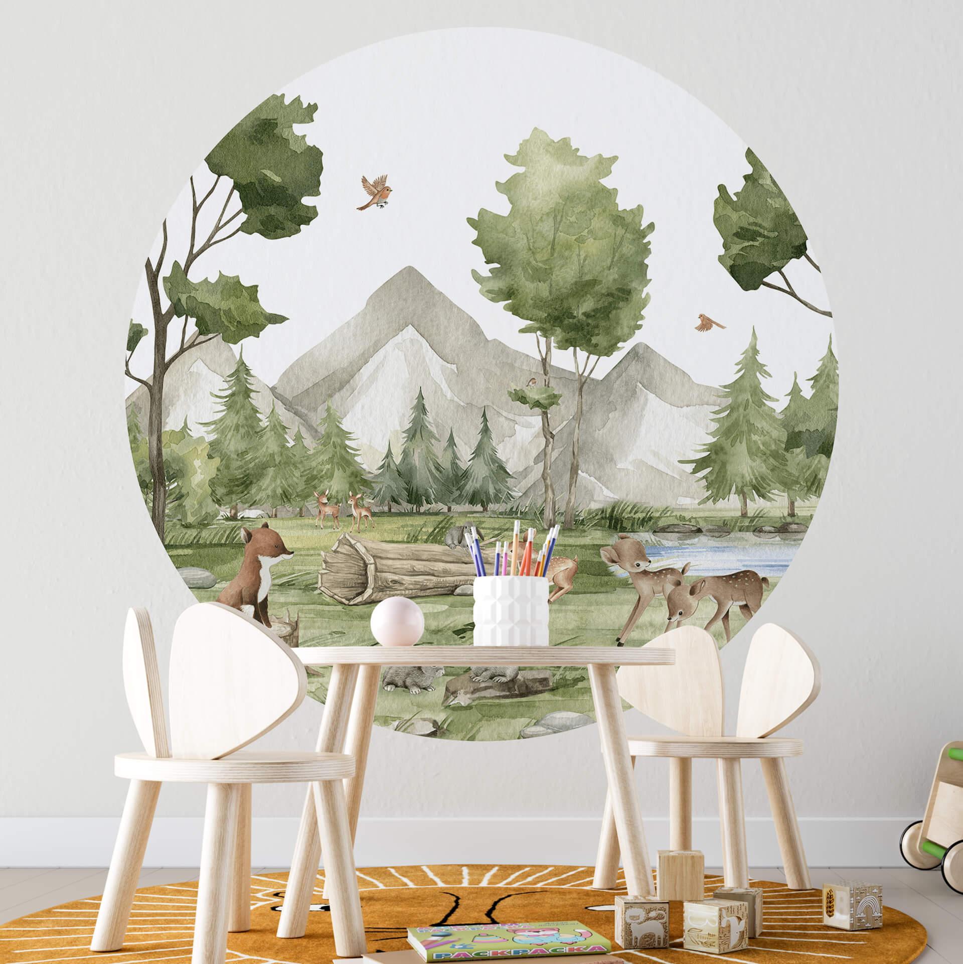 Tapet cirkel Oliver Robins - Cute Forest Animals - vliesetapet/selvklæbende non-woven tapet