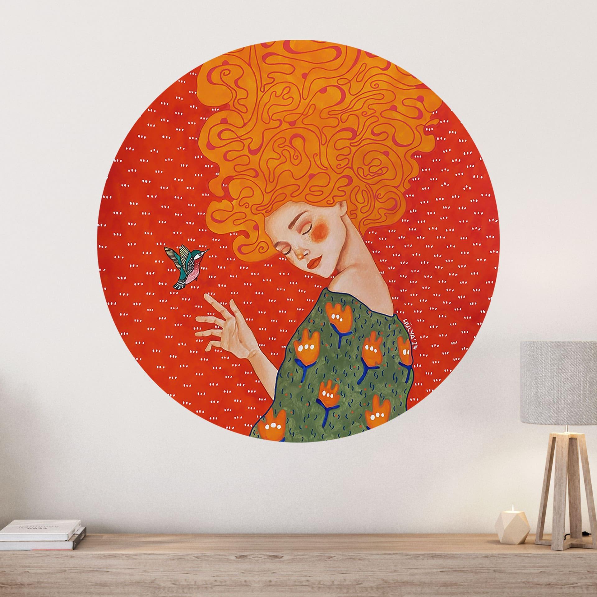 Wallsticker med kolibri og kvinde i rødt lys - Hülya - Round