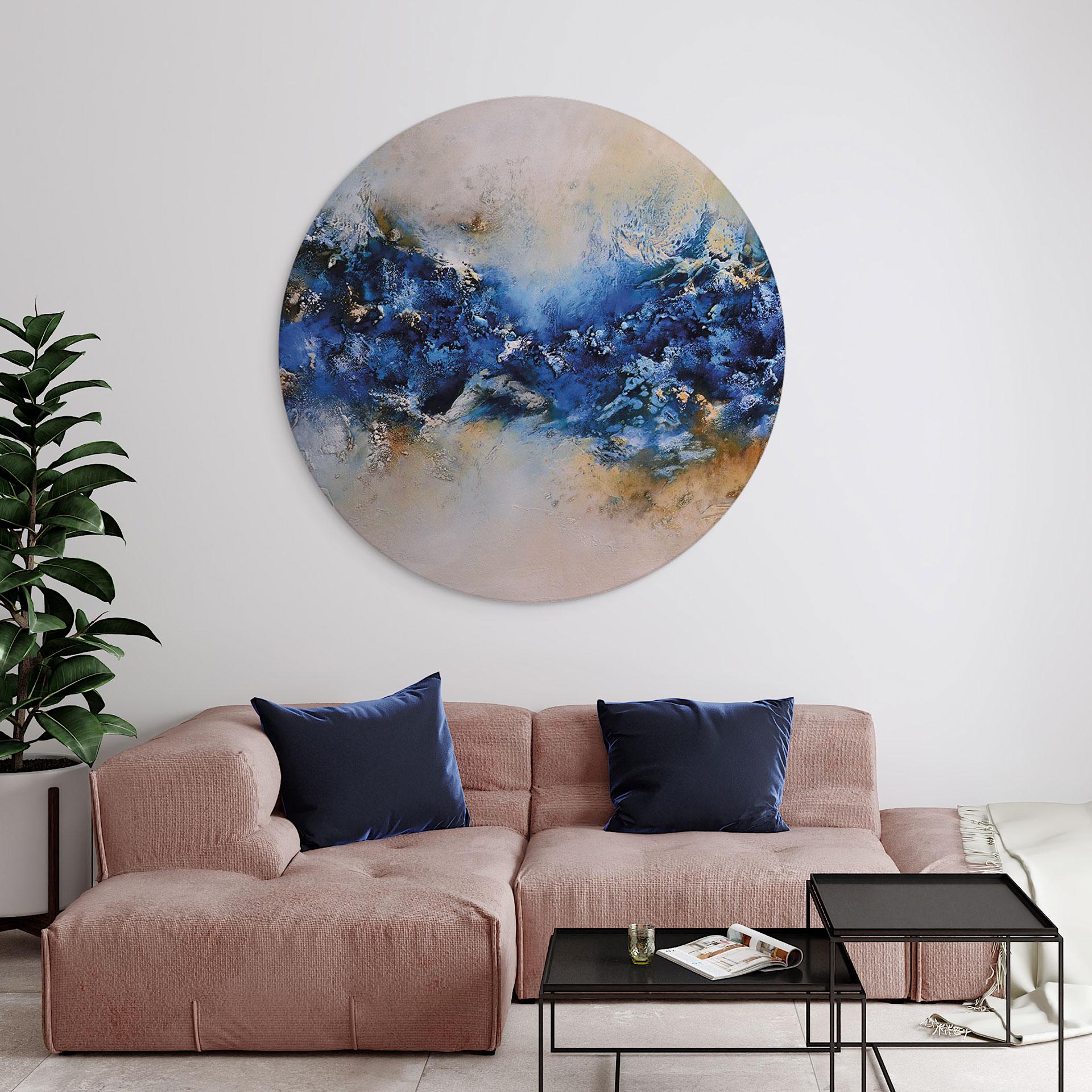 Wandbild Blau-goldene Interaktion - Fedrau - Alu-Dibond - Rund