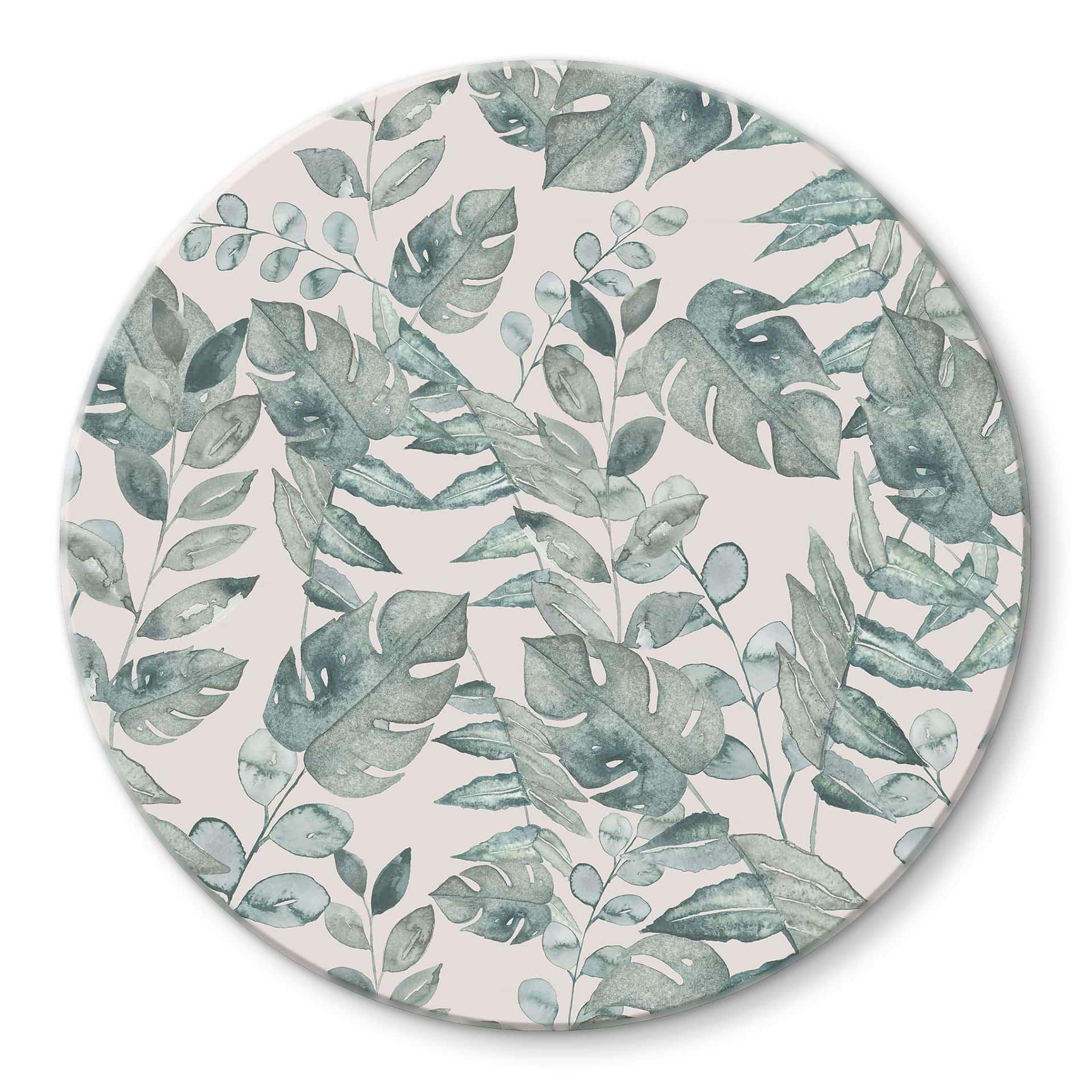 Glasbillede - Jungle Leaves Watercolour Cream - Bloomery Decor - Round