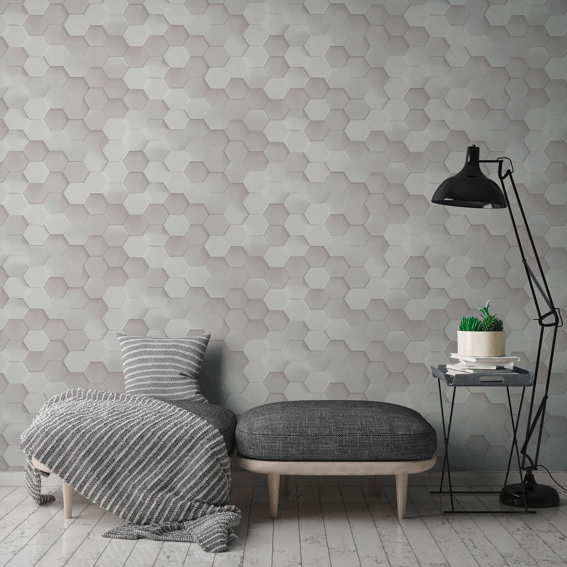 A.S. Creation 3D grafisk tapet i hvid og grå non-woven tapet med honeycomb mønster