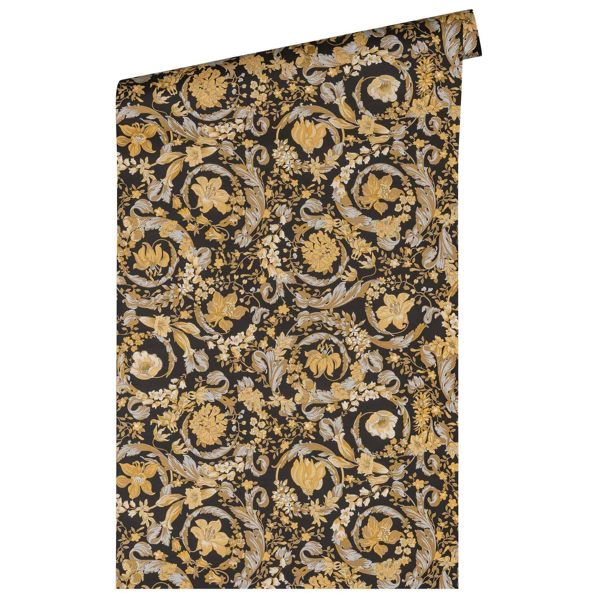 Versace tapet med blomster i guld og sort non-woven tapet blomsterdesign