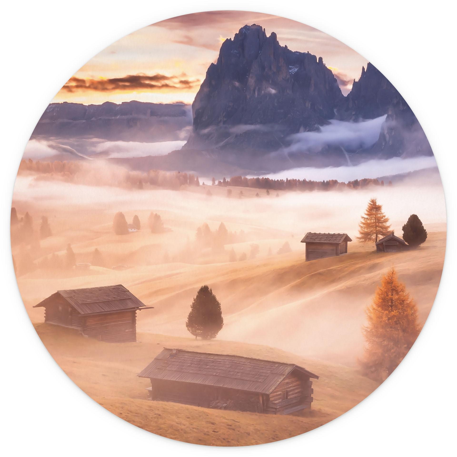 Fotobehang met landschap - Herfstmist in de Alpen - Selagea - Rond - vliesbehang/zelfklevend vliesbe