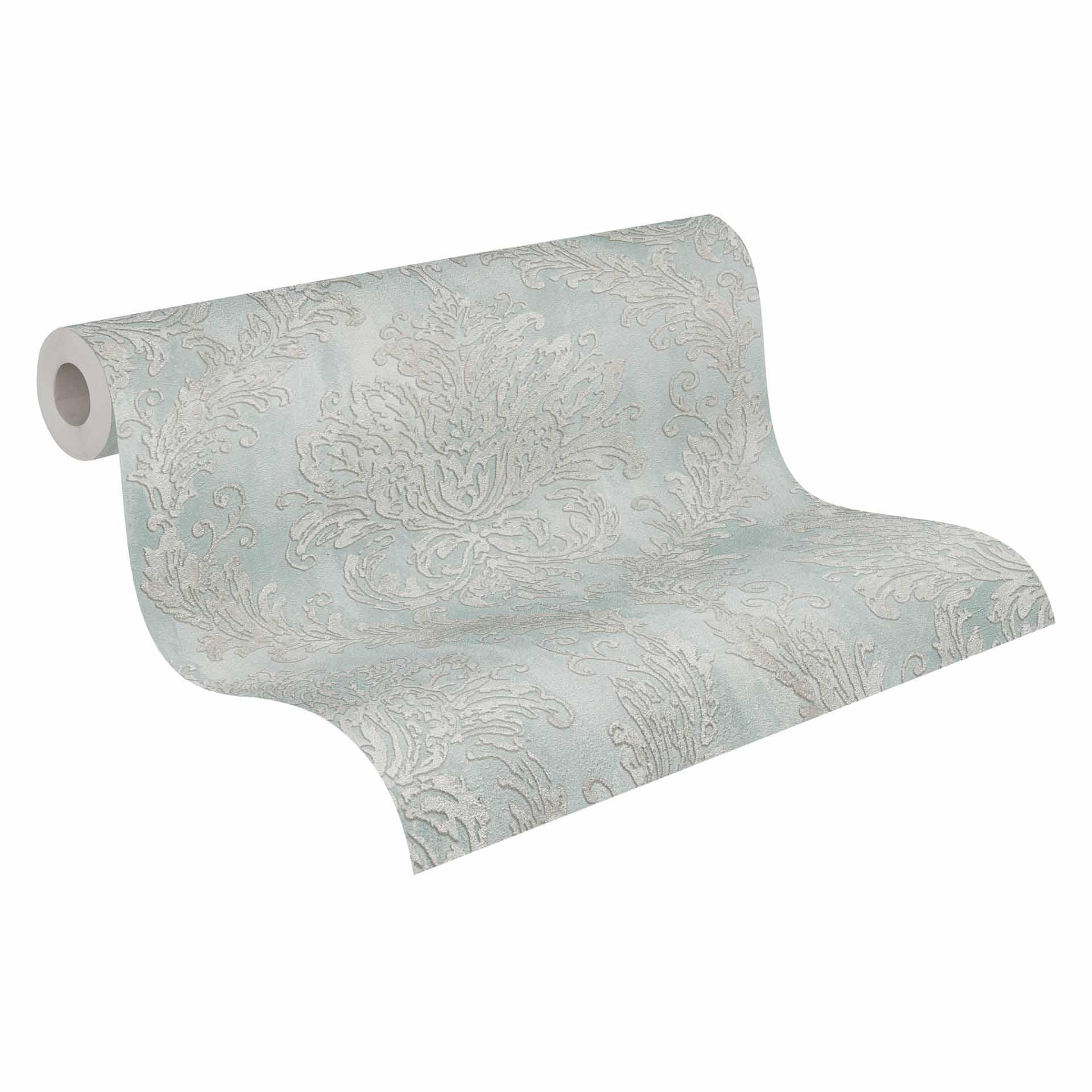 Barok behang lichtblauw zilver - Vliesbehang met monster - elegant patroonbehang