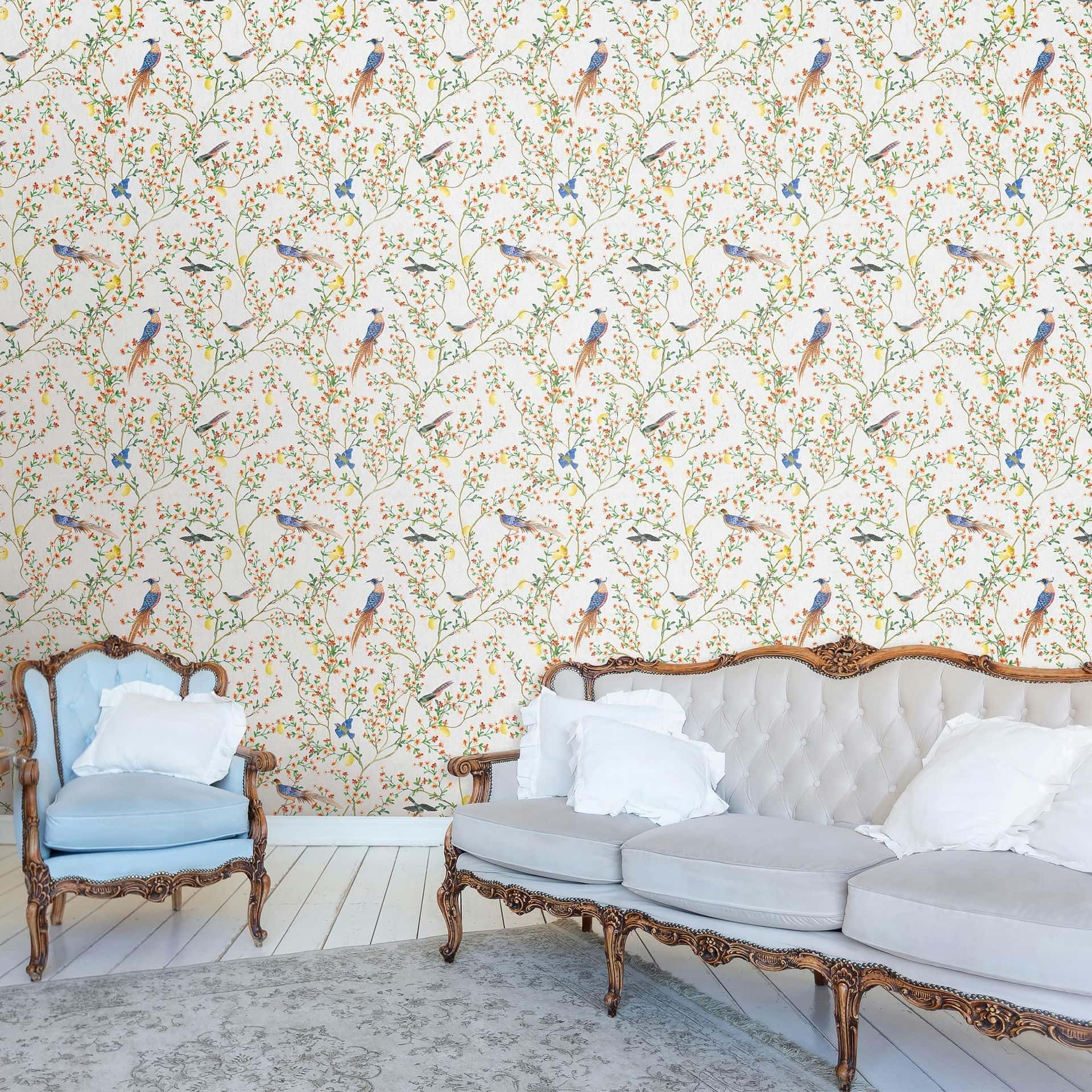 Vliesbehang vogels, bloemen bloemen natuur mat in grijs