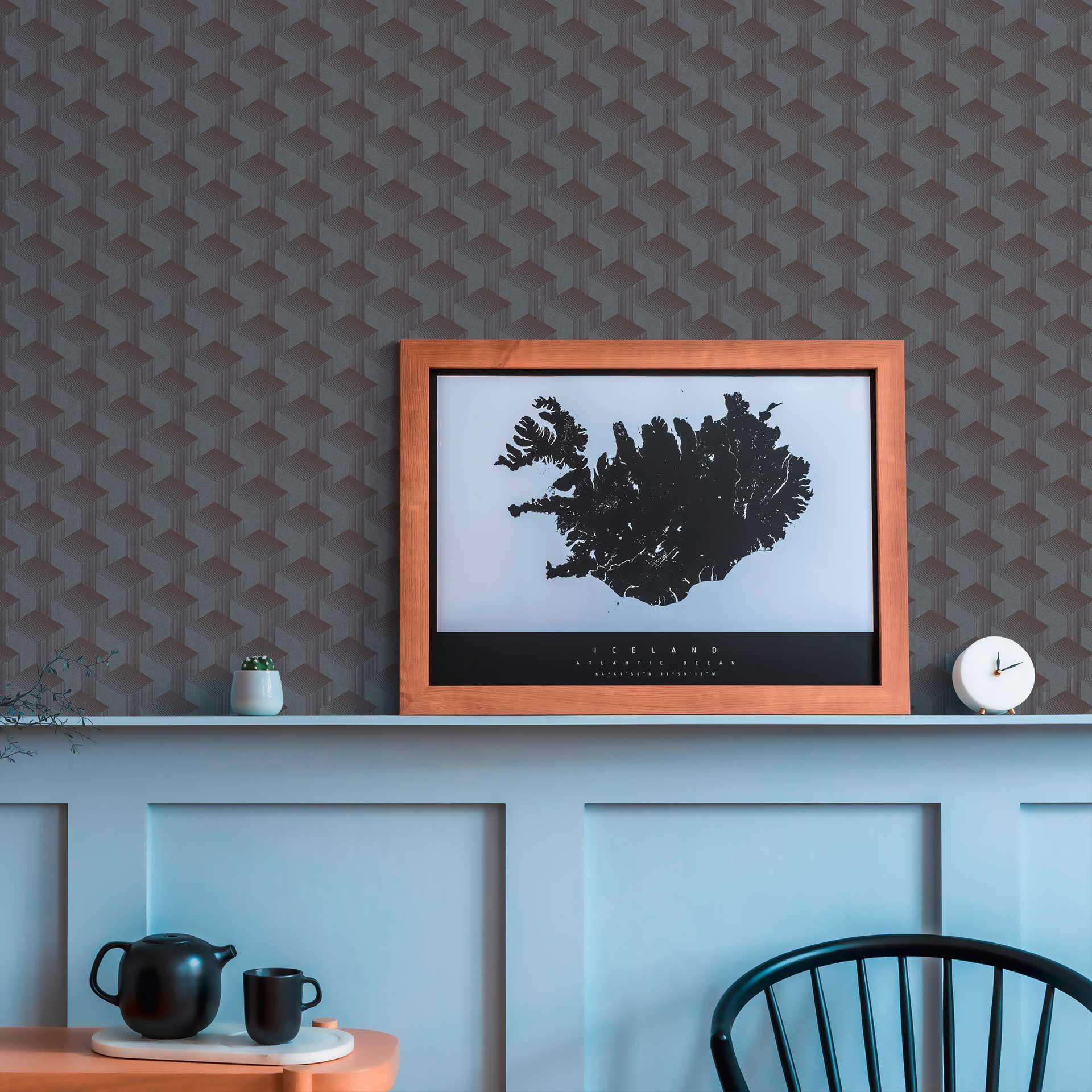 Papel pintado gráfico gris oscuro - papel pintado retro efecto 3D - papel pintado tejido-no tejido salón dormitorio