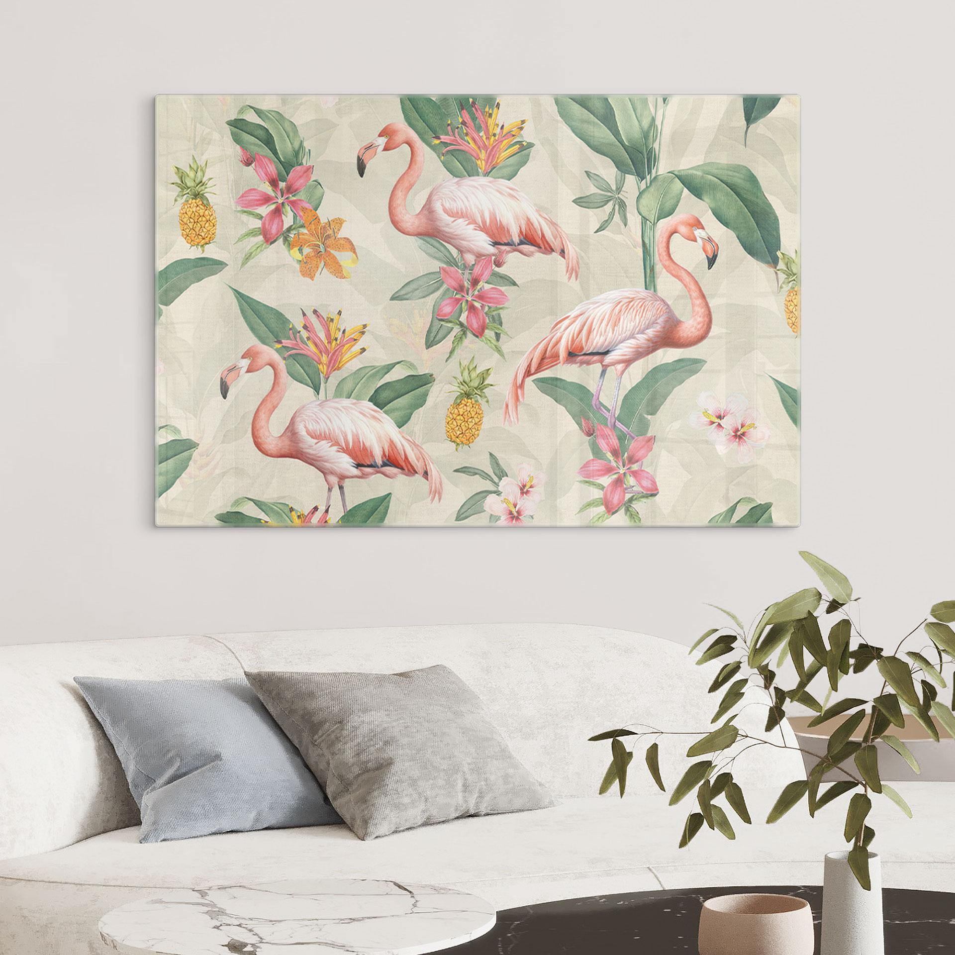 Glasbillede - Flamingo og tropiske blade - Bloomery Decor