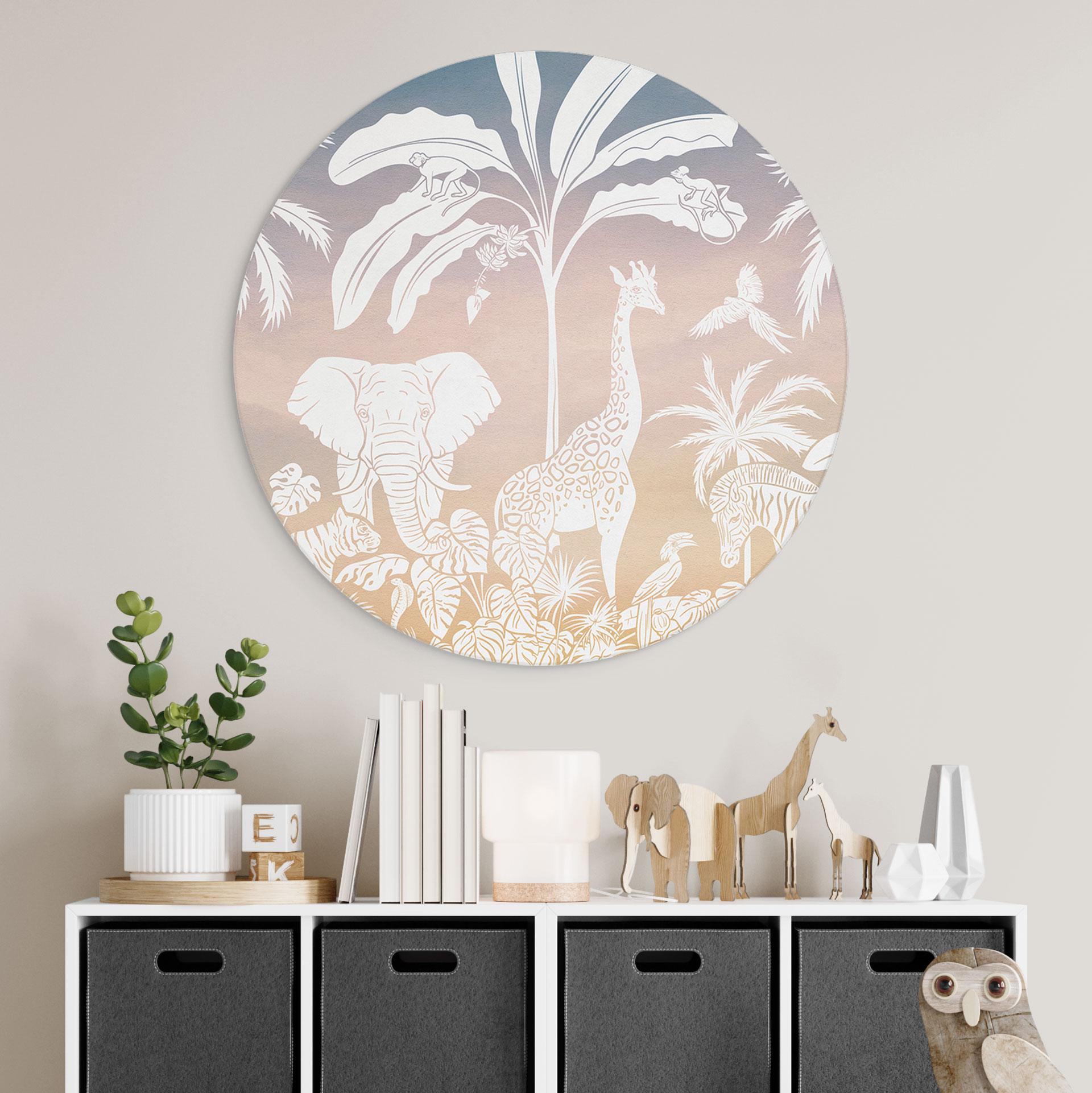 Rundes Wandbild Dschungelparadies mit Wildtieren - Ombre - Kikki Belle - Alu-Dibond