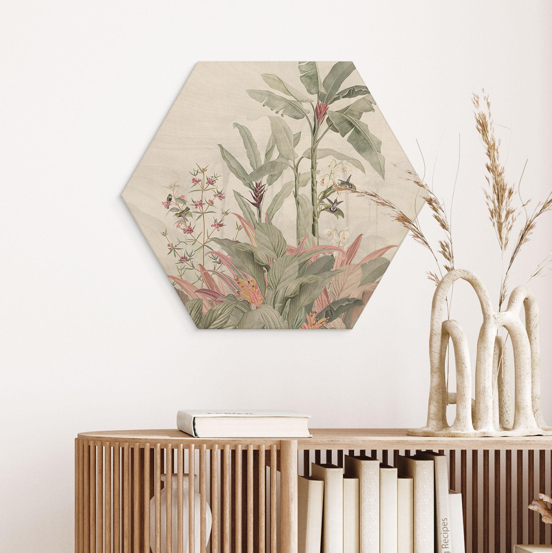 Sekskantet billede af træ tropisk idyl med kolibri blå - Bloomery Decor