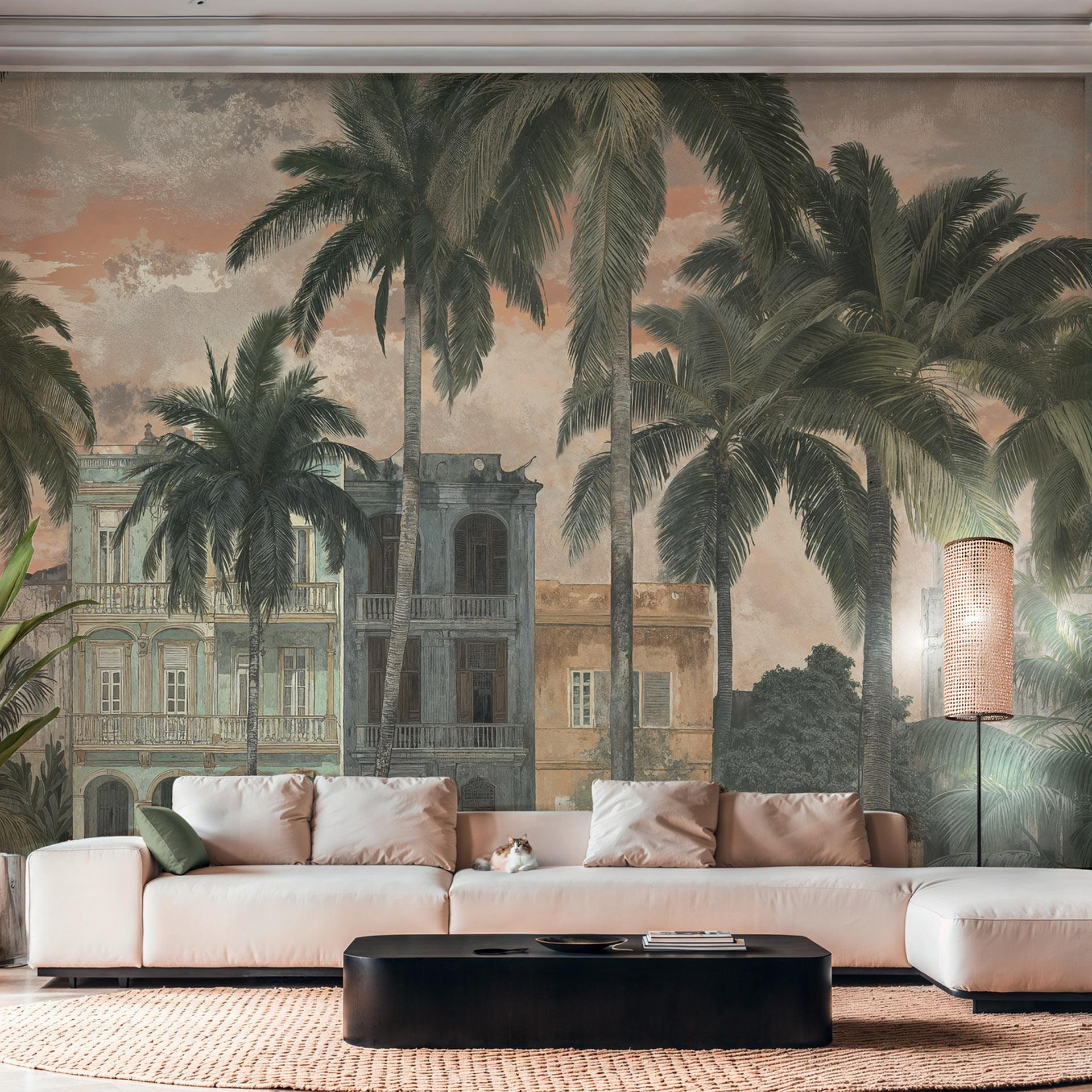 Palmer huse vintage beige grøn 371x280 cm Ikke-vævet tapet