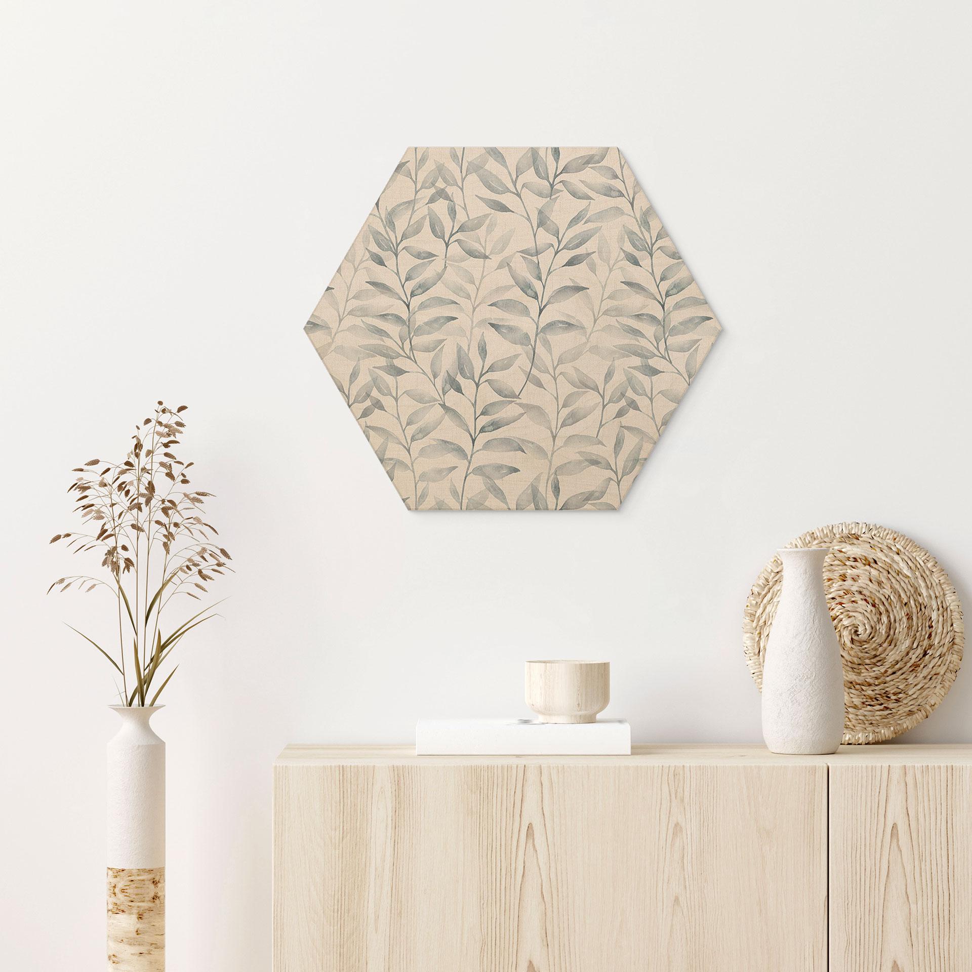 Sekskantet Billede af træ Delikate akvarelblade - blød grå - Bloomery Decor