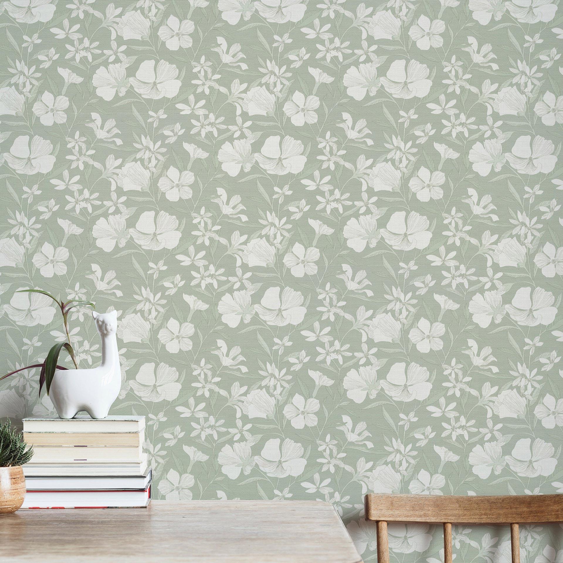 Ikke-vævet tapet, tapet med blomstermotiv La Terrasse green
