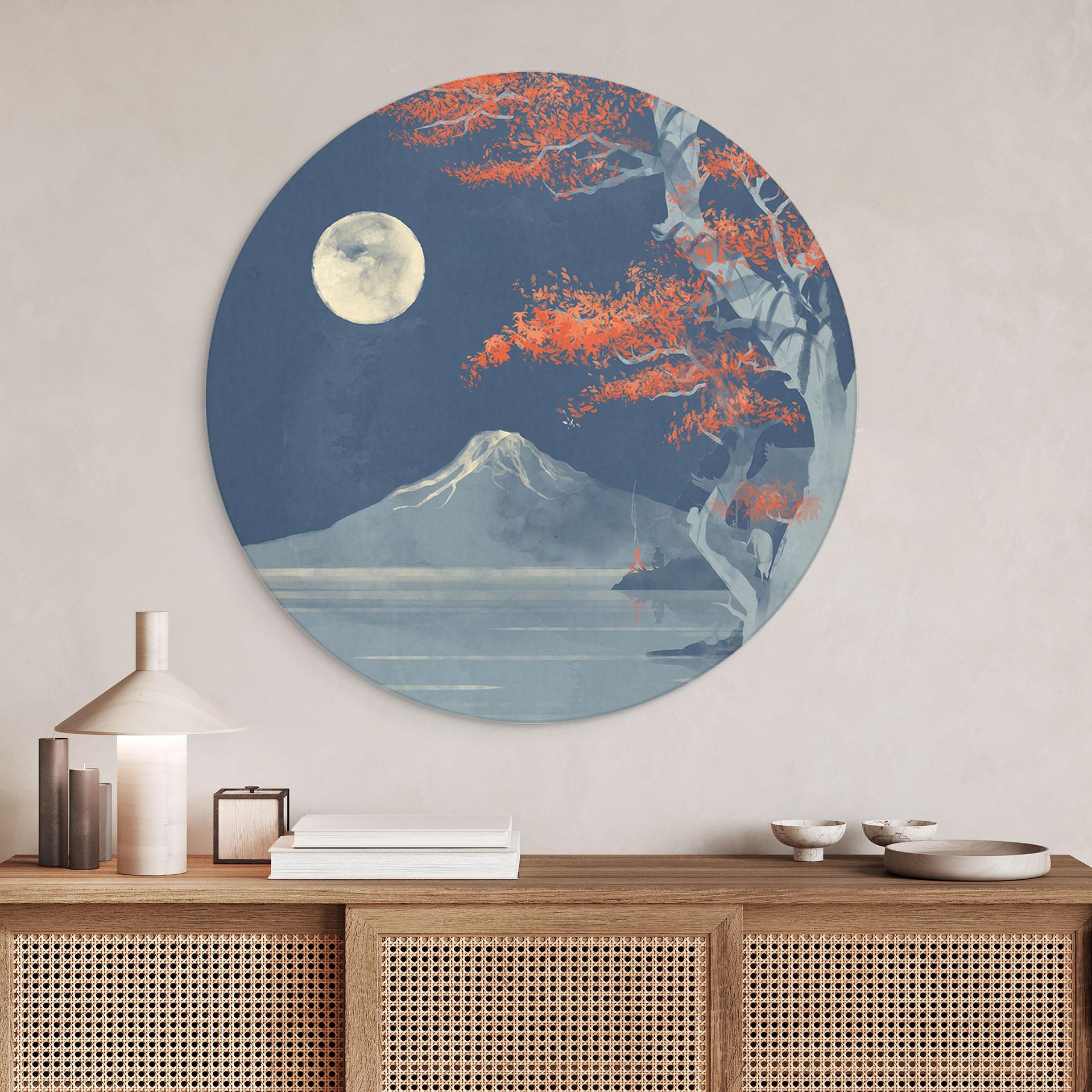 Billede Fuldmåne over toppen af Fuji-san - Roze - rund – print på aluminium (Alu-Dibond)