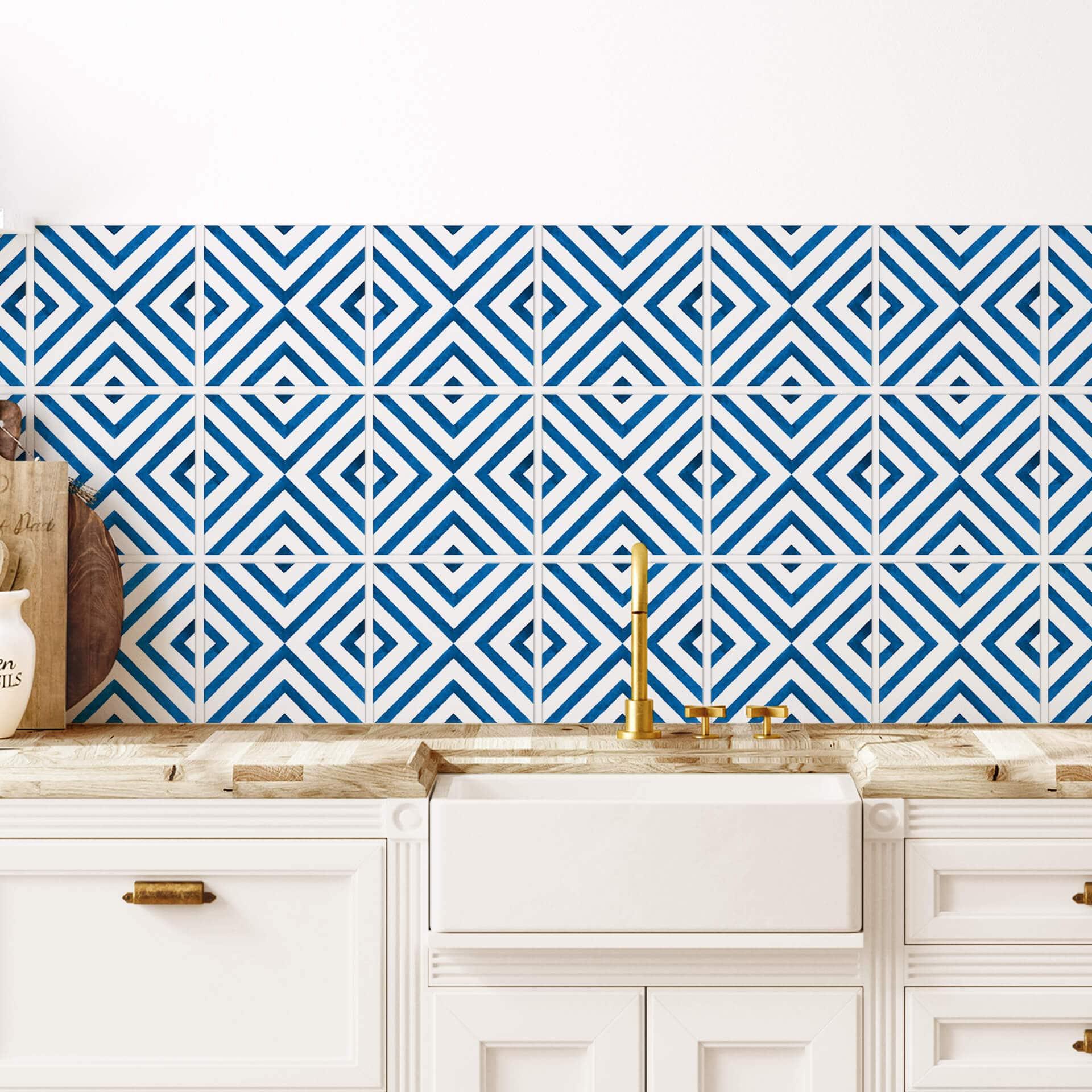 Azulejos Adhesivos Acuarela - Cuadrados diagonales - Azul - Lote de 12