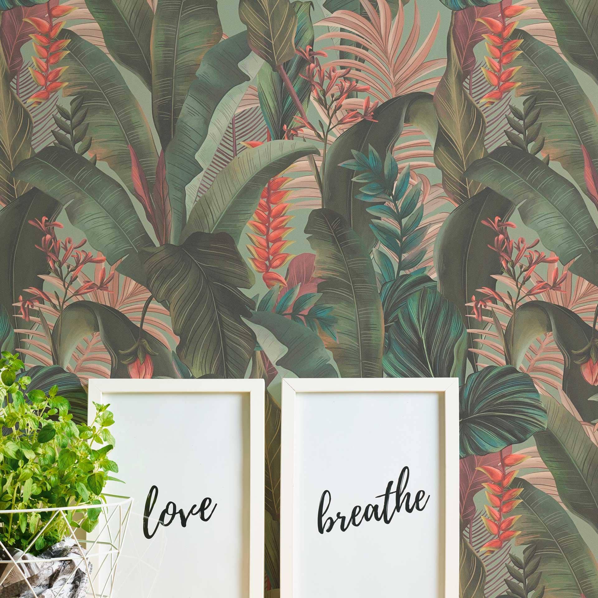 tapet med palmeblade lysegrønt rødt - blomstret non-woven tapet junglemotiver