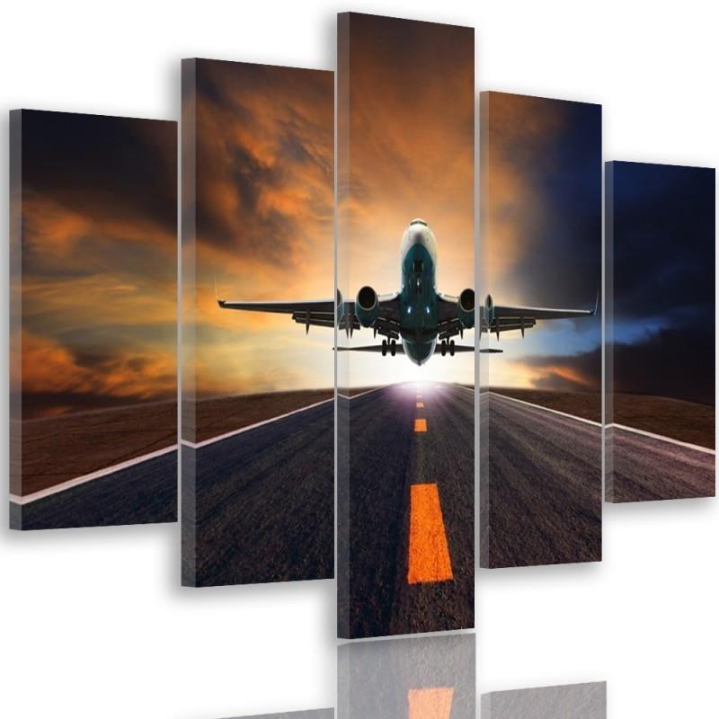 5 stykke lærredstryk Sunset Airplane