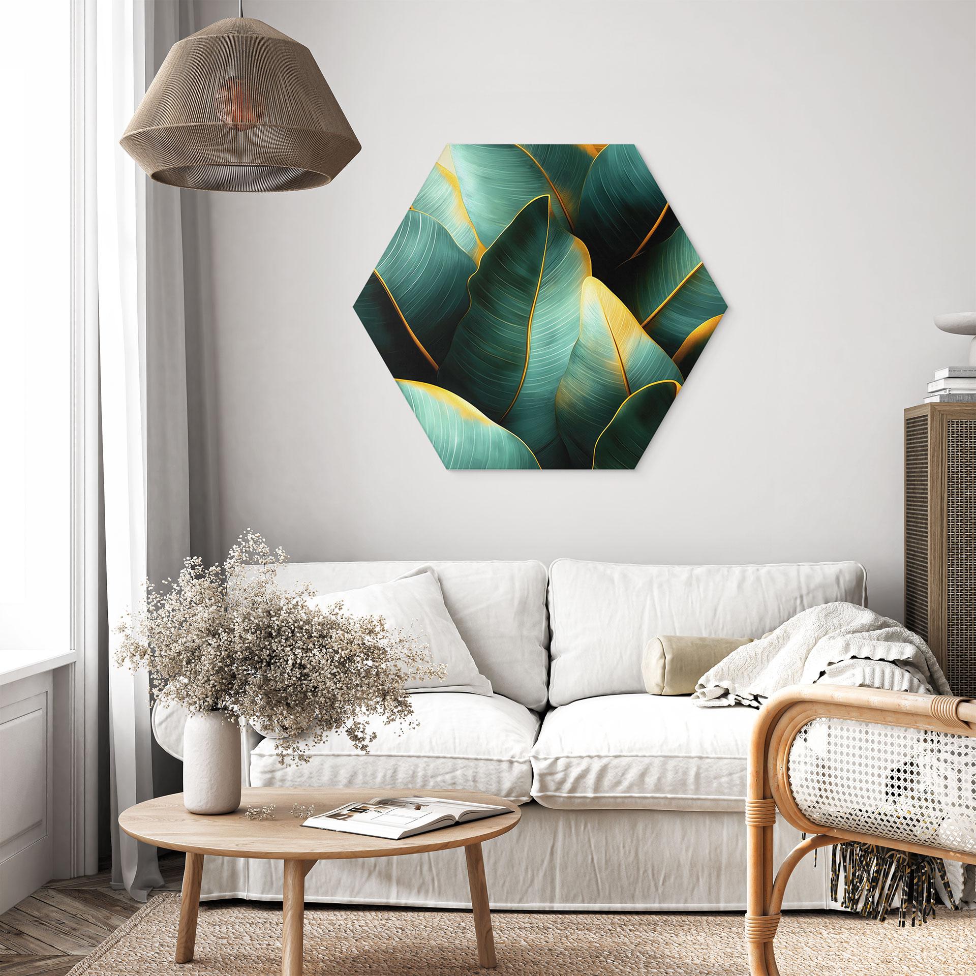 Hexagon Wandbild Exotische Bananenblätter - Jaszke - Alu-Dibond