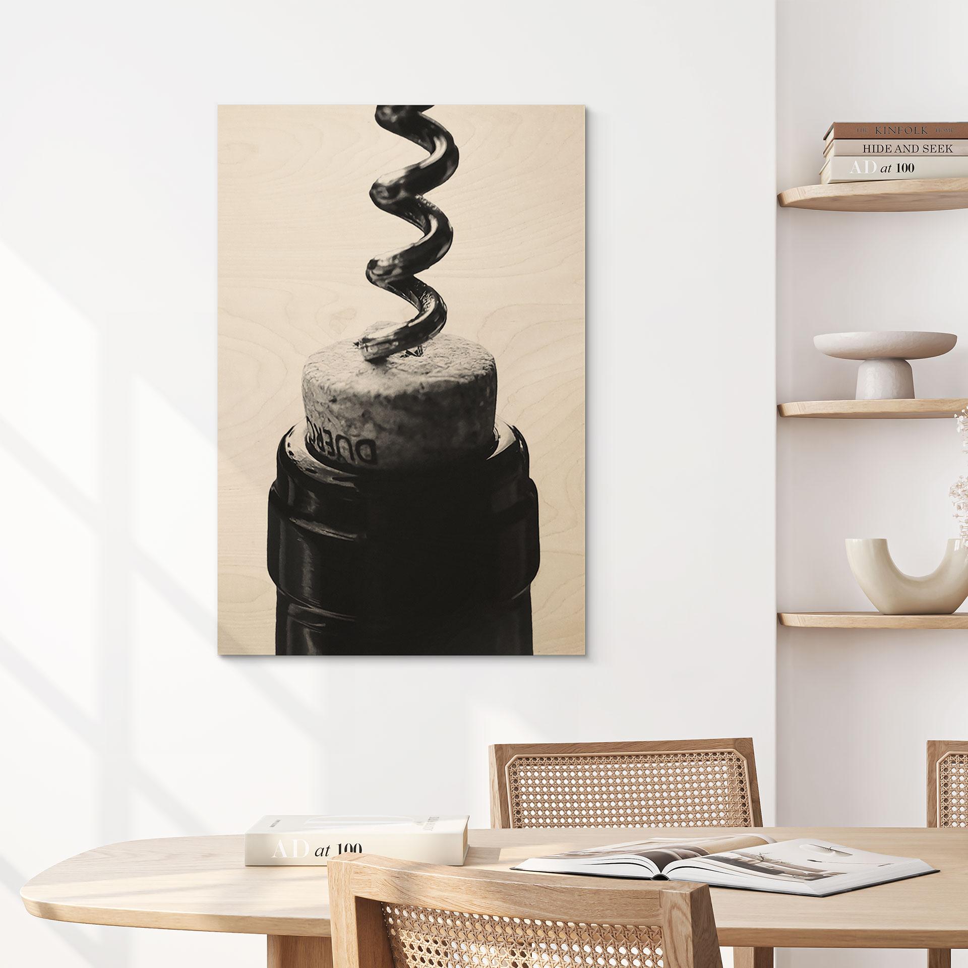 Holzbild Wein mit Korkenzieher - Pictufy Studio