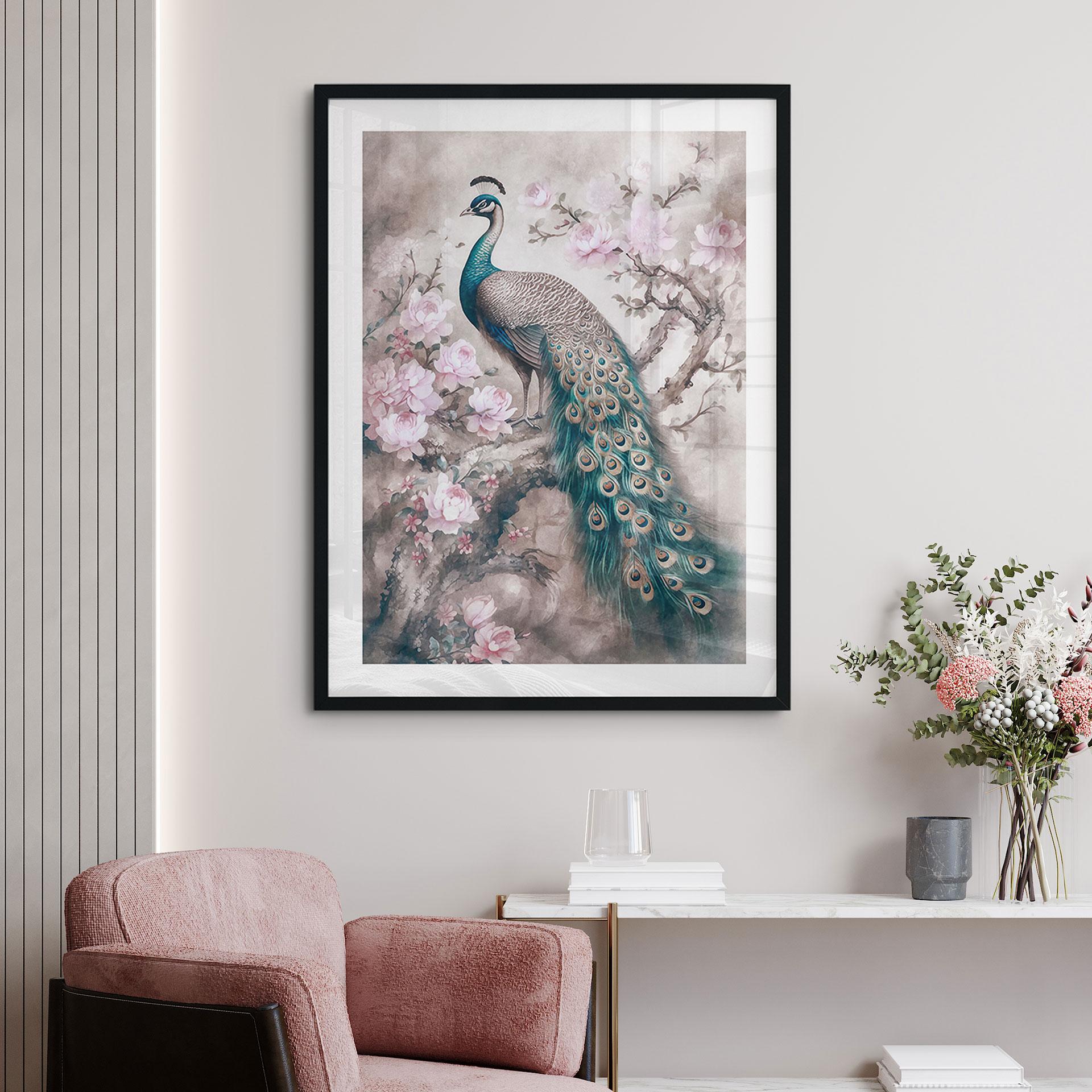 Plakat Påfugl med blomster - Haase