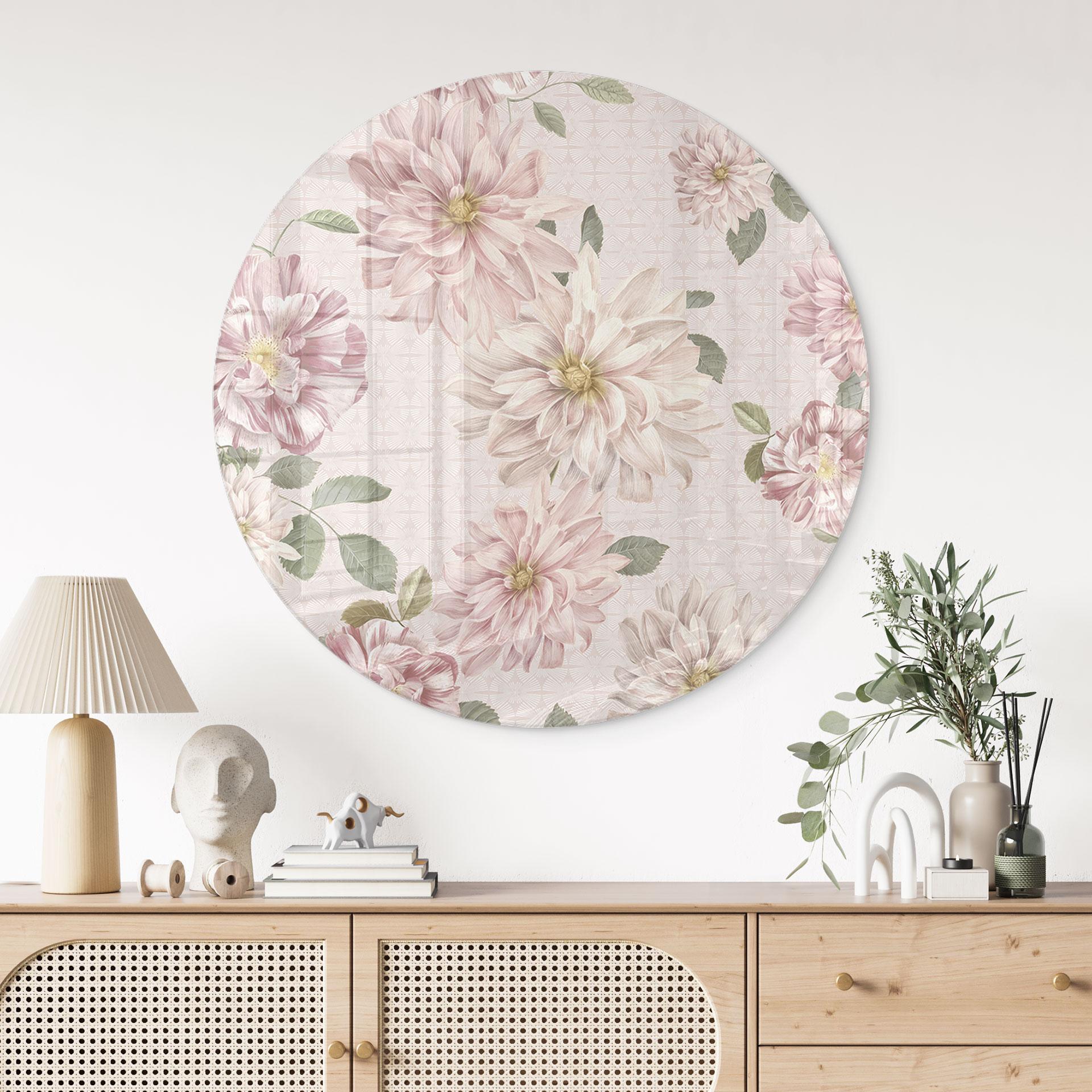 Glasschilderijen Dahlia's Shabby Chic Roze - Bloemdecor - Rond