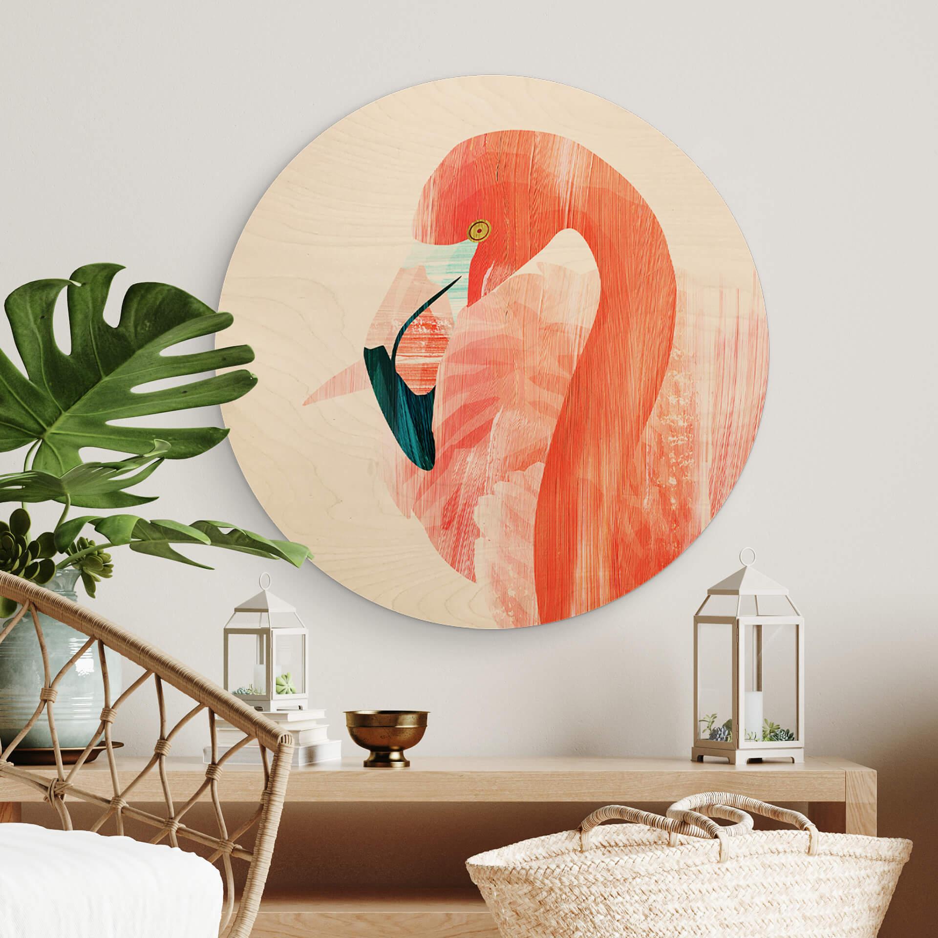 Goed Blauw Billede af træ - Pink Flamingo - Rund
