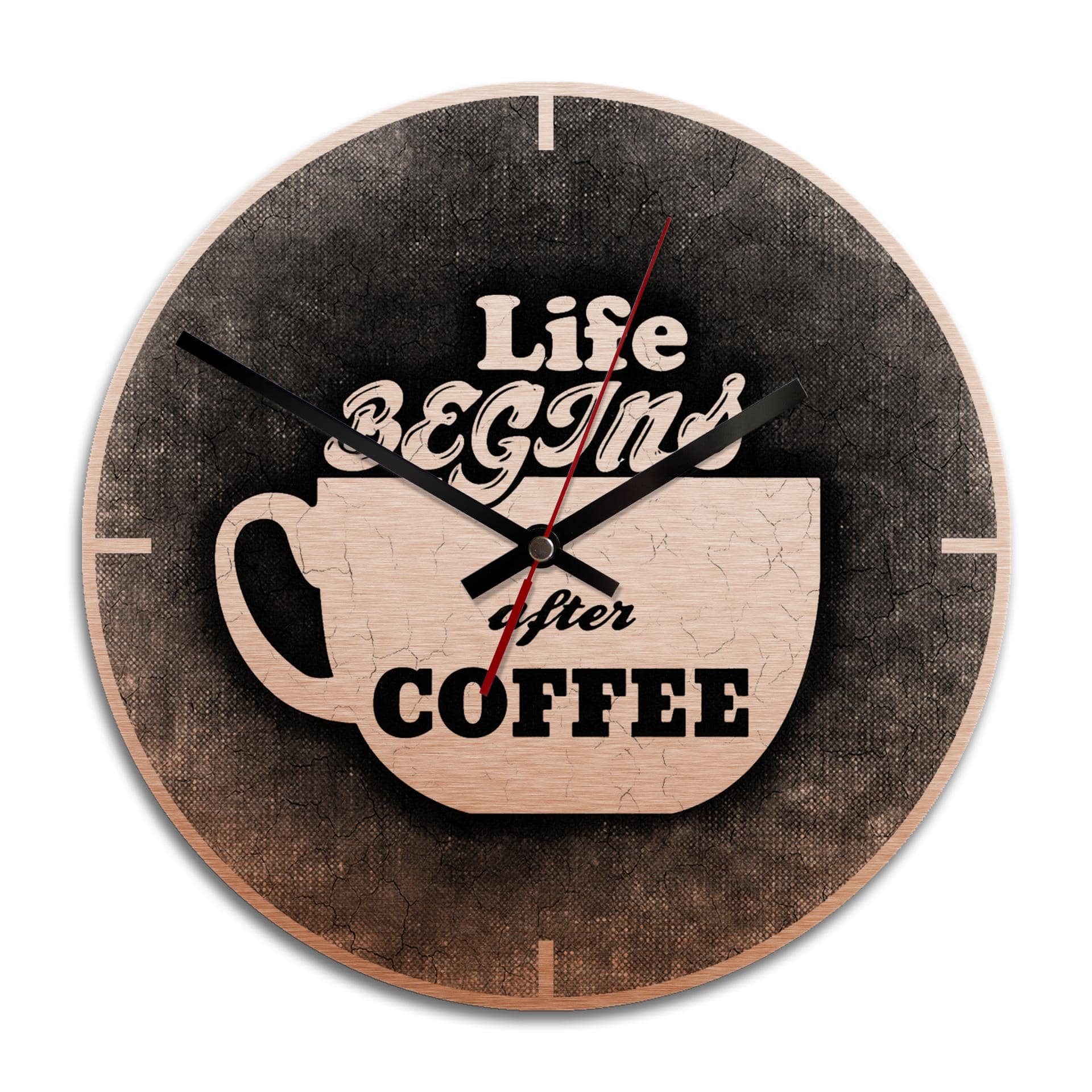 Wanduhr Alu-Dibond-Kupfereffekt - Life begins after coffee - Ø 28 cm
