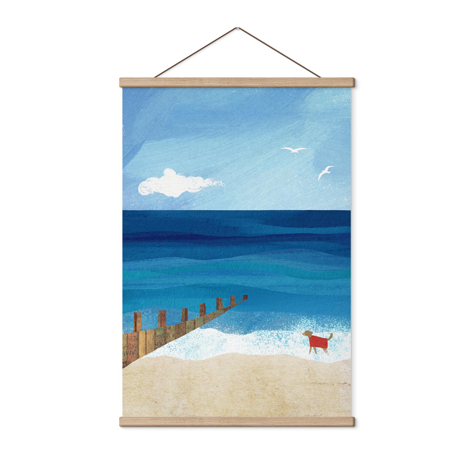 Textielposter Zomerstrand met hond aan zee - Rivers