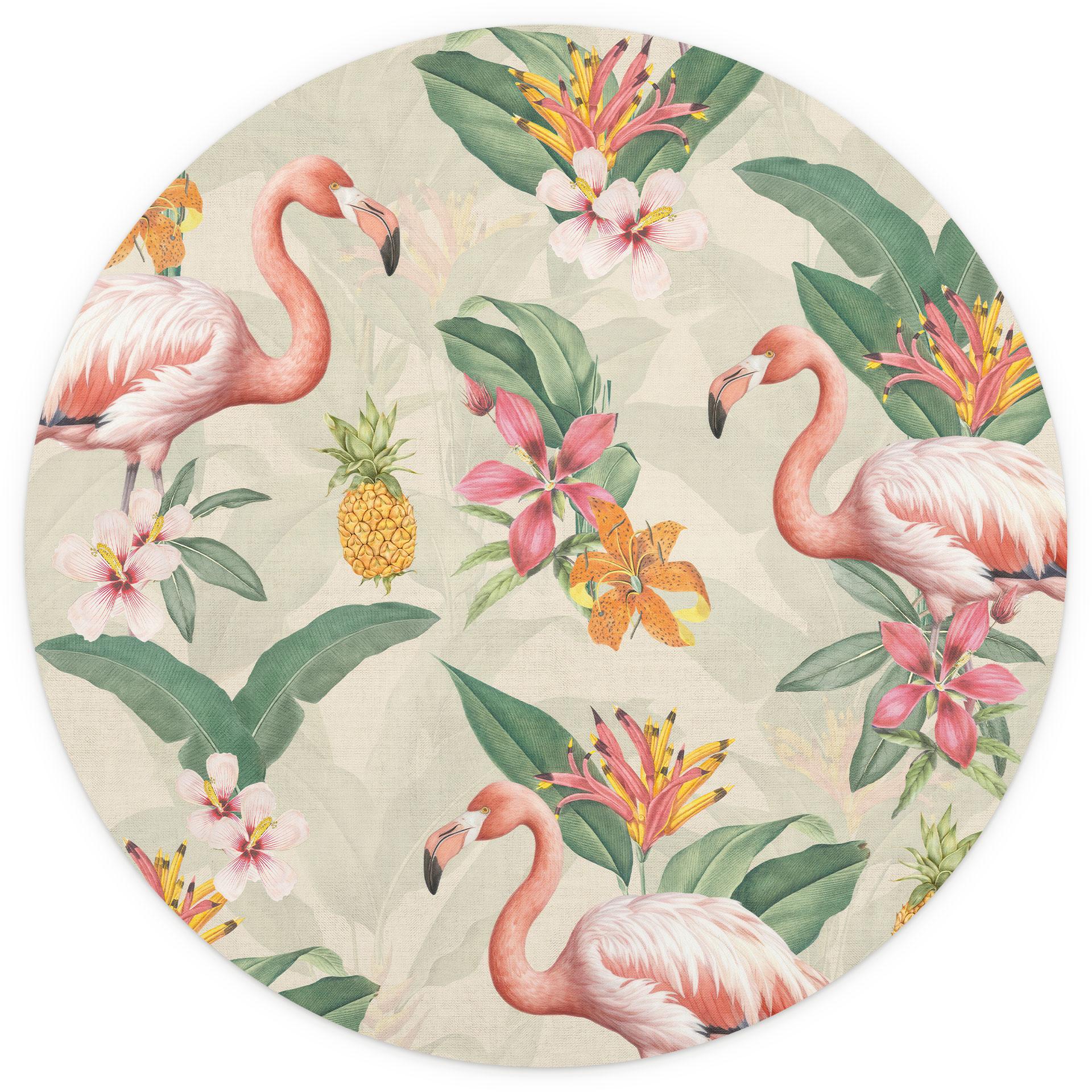 Flamingo en tropische bladeren Fotobehang - Bloemdecor - Rond - vliesbehang/zelfklevend vliesbehang