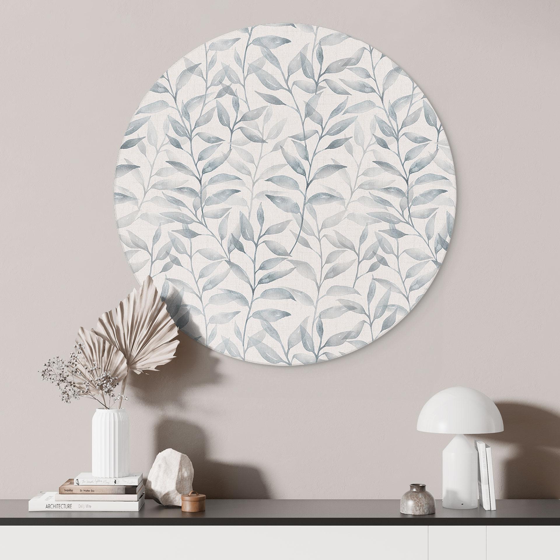 Billede Sarte akvarelblade - Blød grå - Blomsterdekor - Rund – print på aluminium