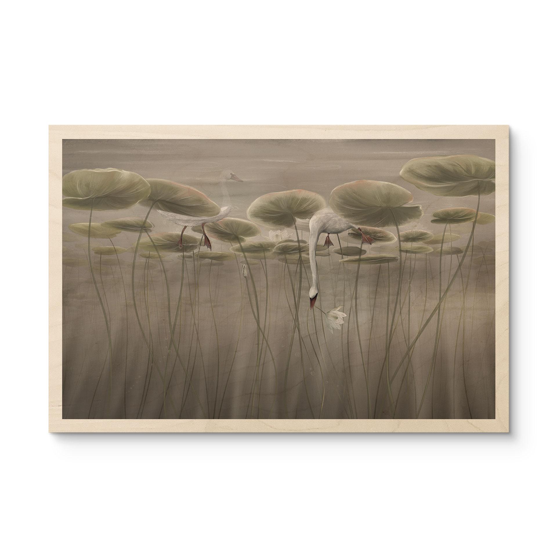 Houten Wanddecoratie lotusbloemen met zwaan in het water in grijs - Ms Tiff