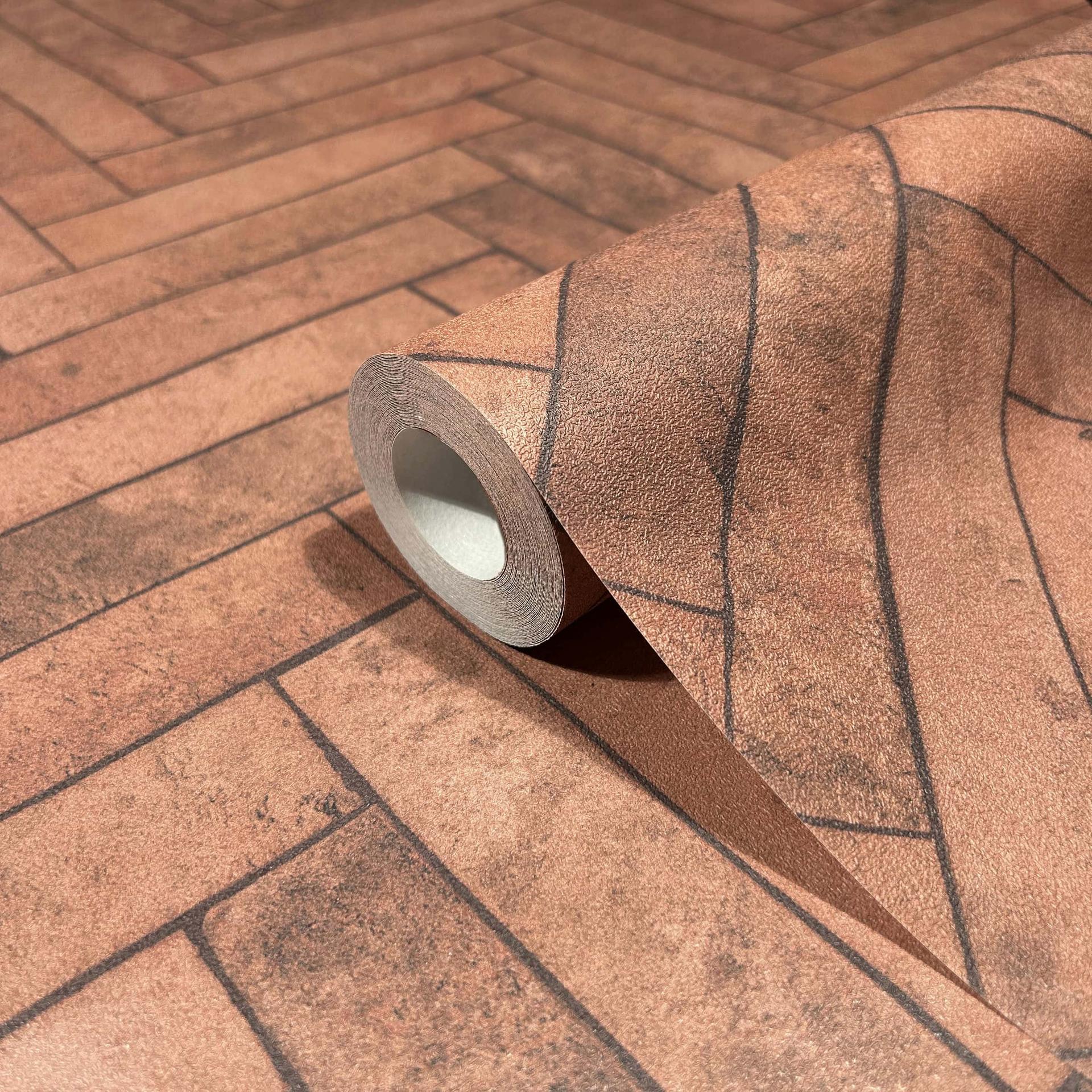 non-woven tapet med sildebensmønster rød, brun steneffekt