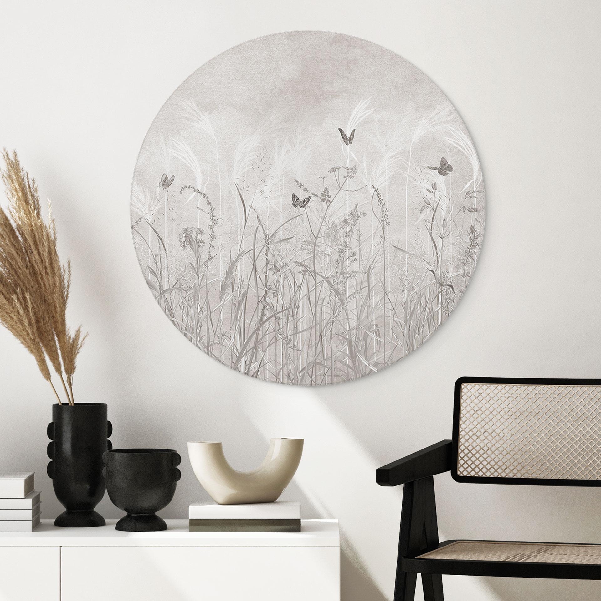 Wandbild Wildblumenwiese mit Schmetterlingen im skandinavischen Design - Ms Tiff - Alu-Dibond Rund
