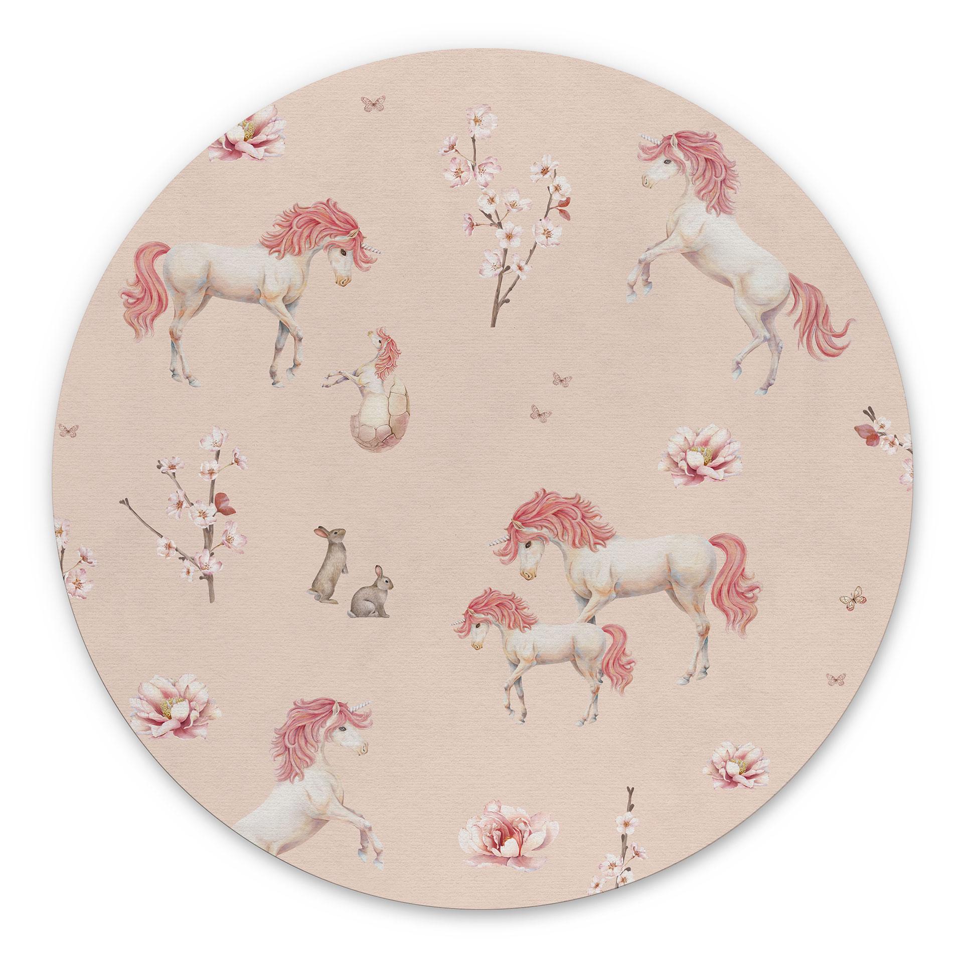 Fortryllede enhjørninger med kirsebærblomster Wallsticker - Kikki Belle - Rund – print på aluminium