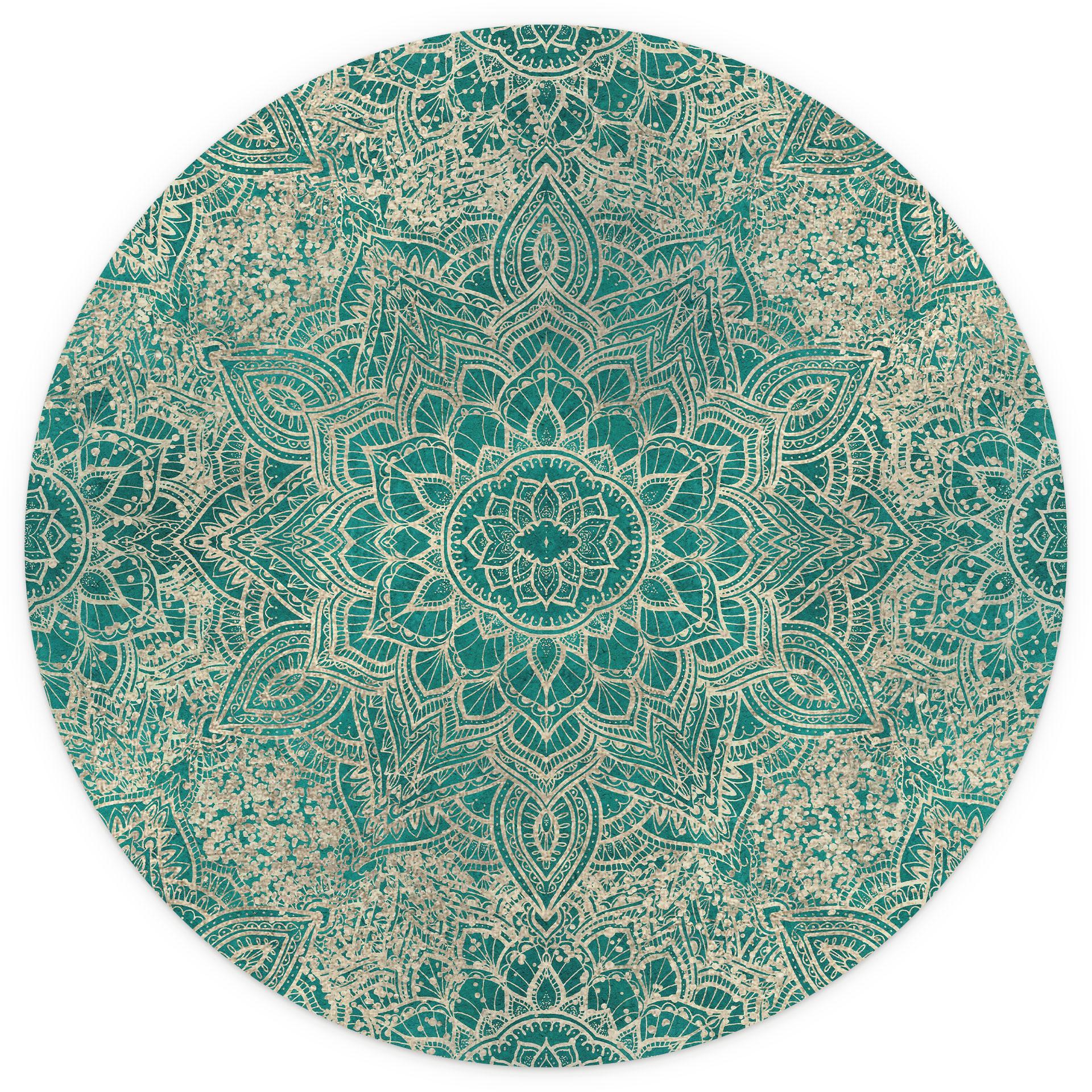Fotobehang Oriëntaals - Mandala Boho Goudgroen - Bloemdecor - Rond - Zelfklevend/niet-geweven