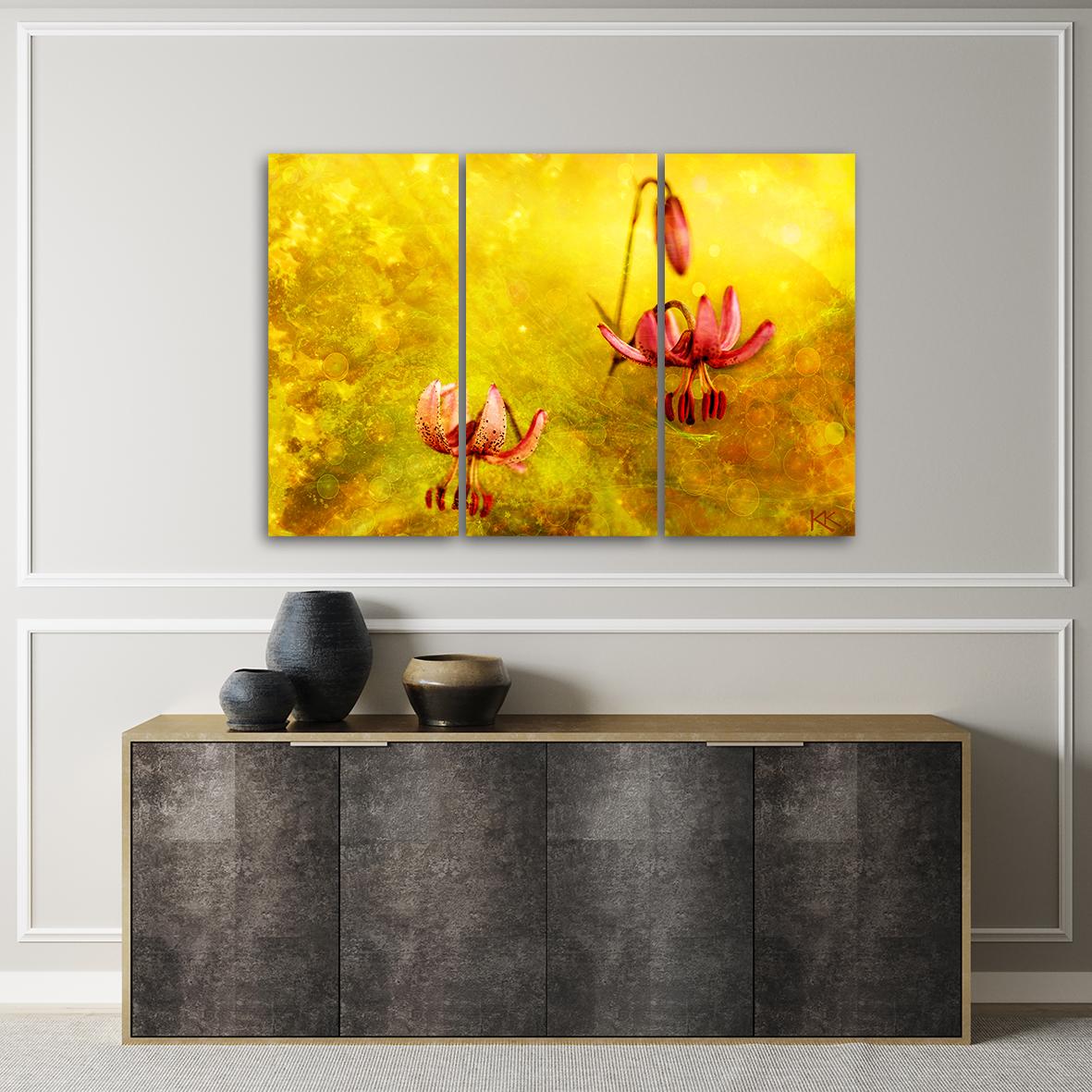 3 stykke lærredstryk, sløvede tulipanblomster