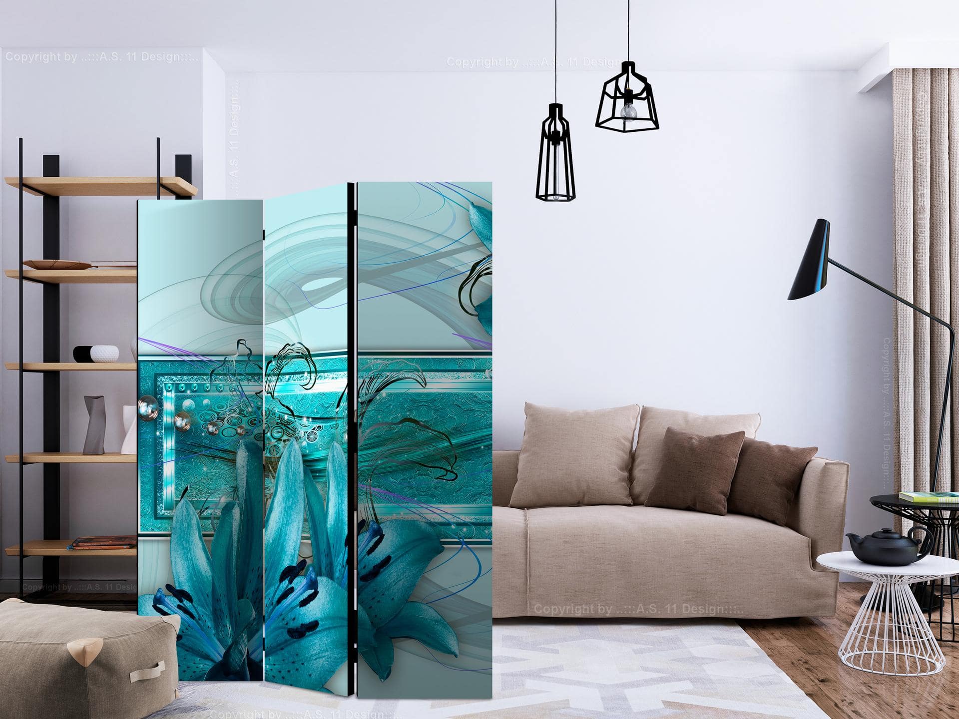 Divisorio per sala - Idillio blu turchese, 3 pezzi - 135x172 cm