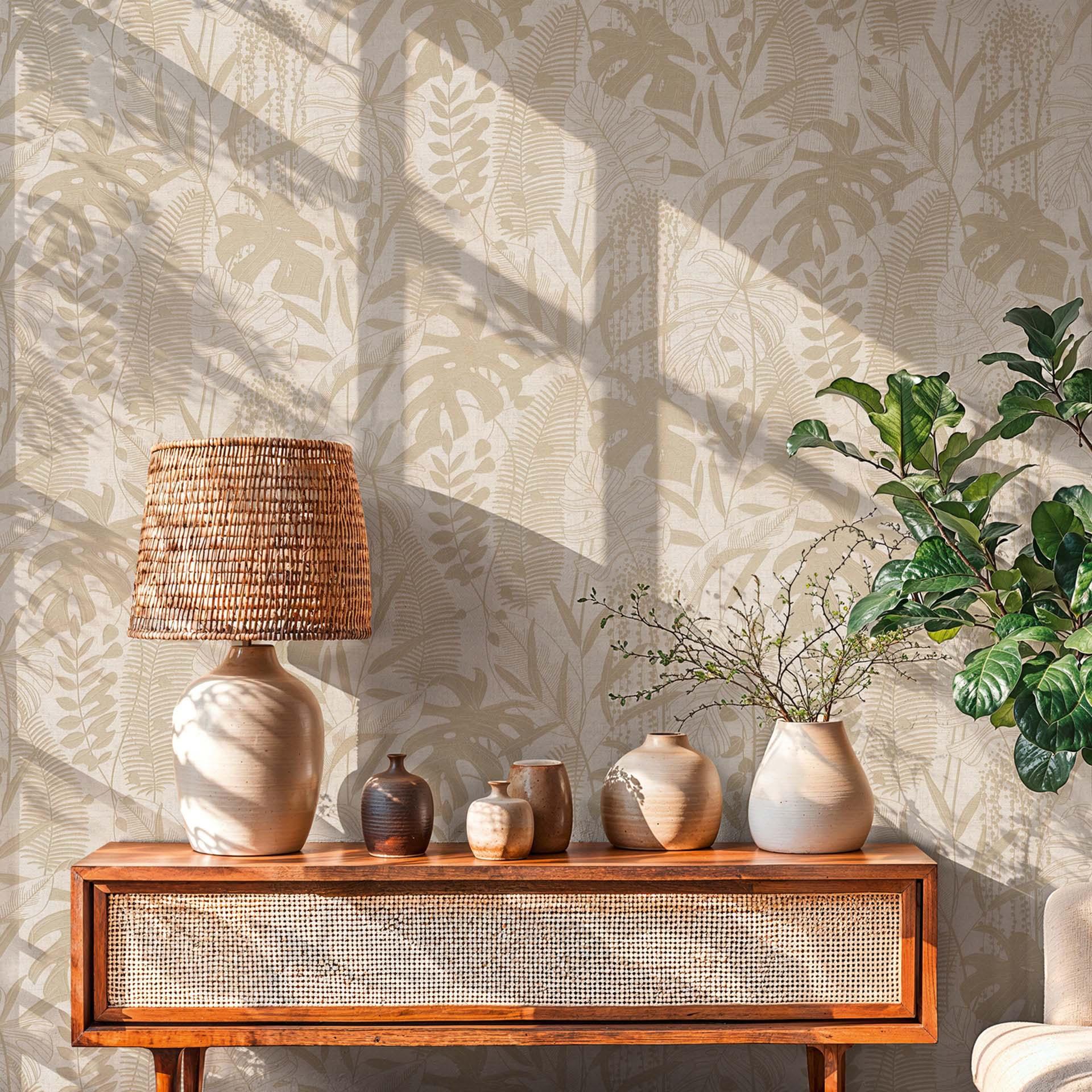 Ikke-vævet tapet palmeblade beige creme metallic tapet tapet natur gang