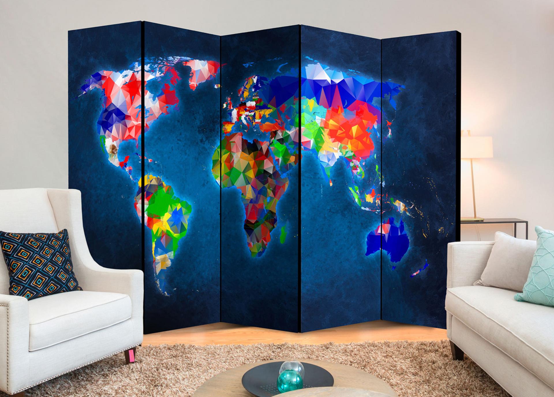 Divisorio per sala - Mappamondo colorato, 5 pezzi - 225x172 cm