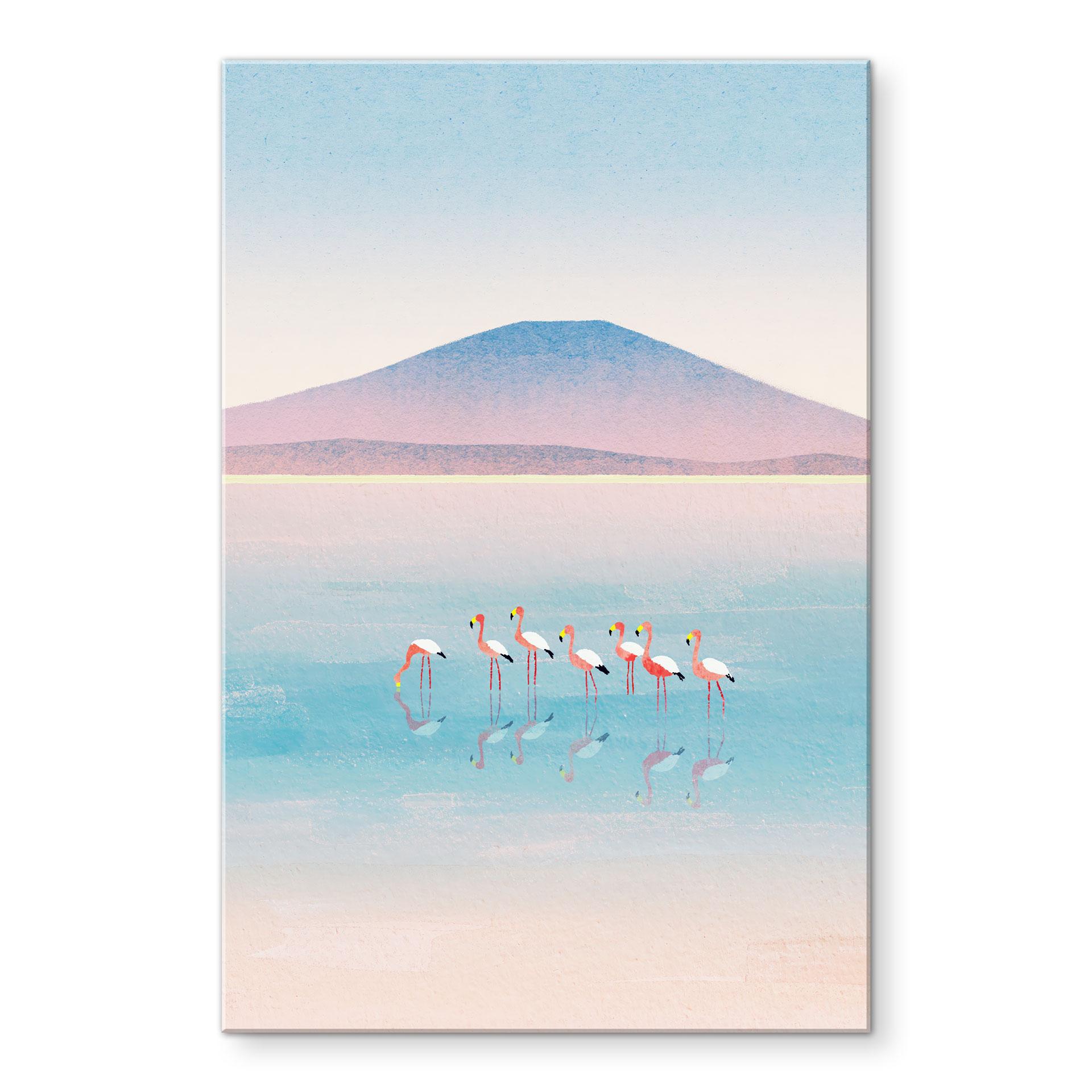 Acrylglas schilderij Pastelkleurig meer met flamingo's - Rivers