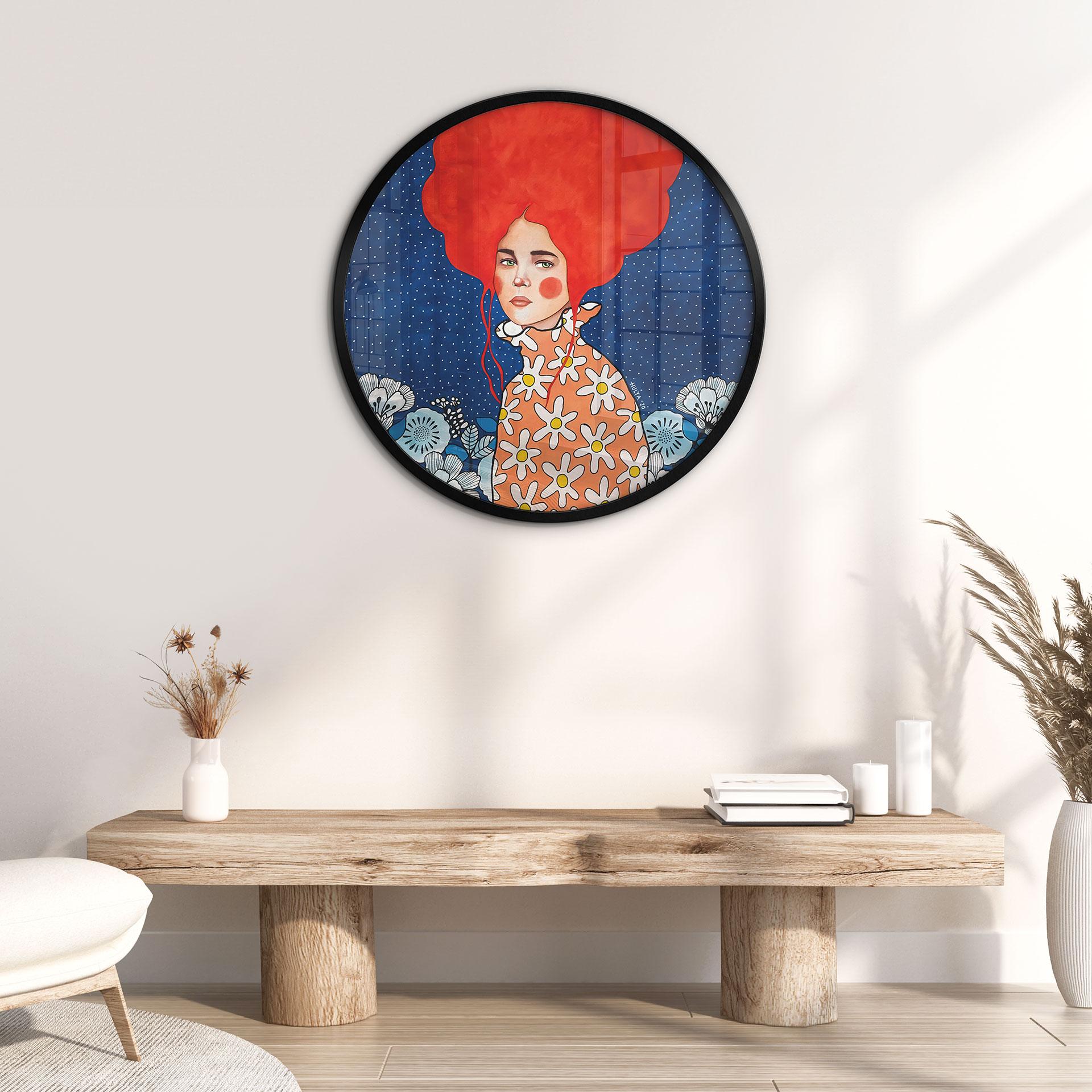 Plakat kvinde med rødt hår og blomster - Hülya - Rund