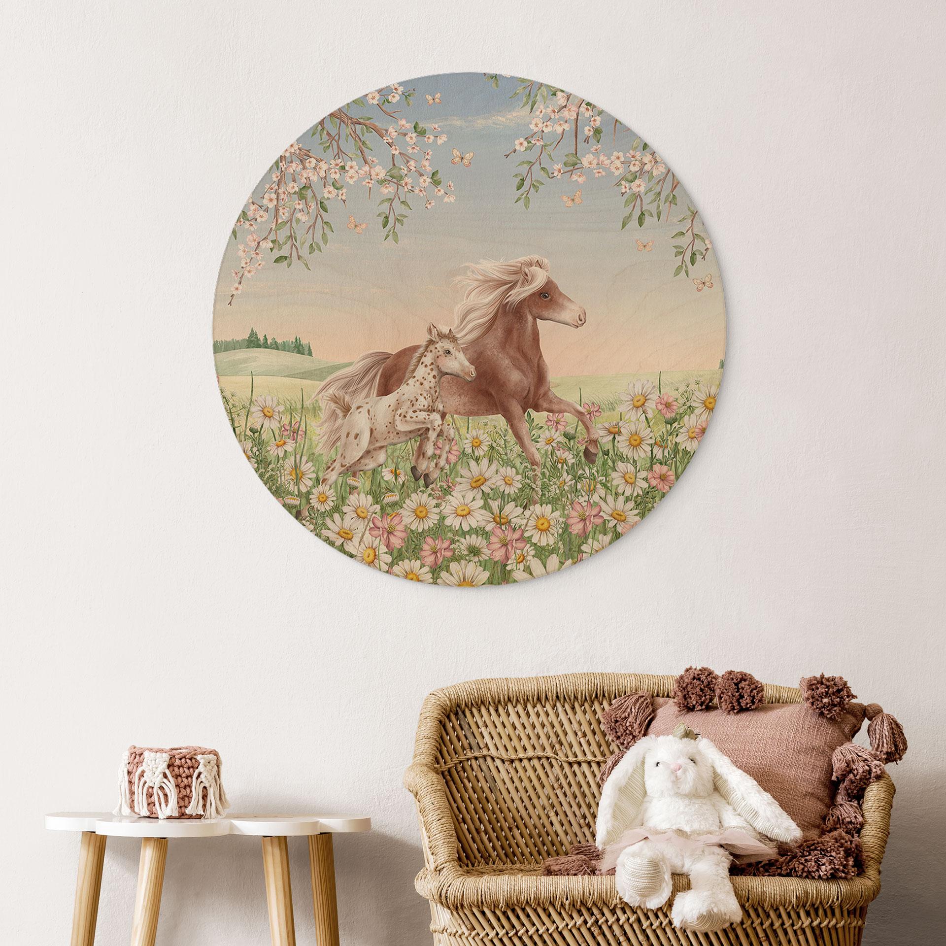Holzbild Pferde auf der Blumenwiese - Kikki Belle - Rund