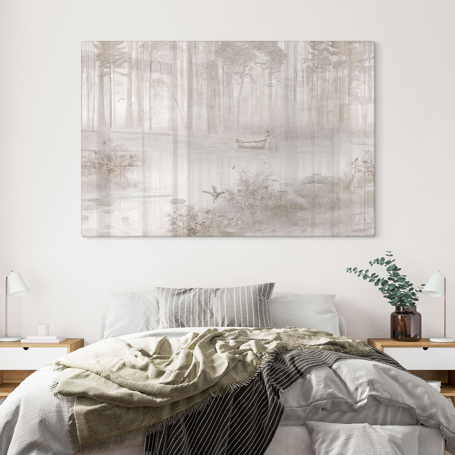 Glasbild Wald am See im Nebel in Beige - Ms Tiff
