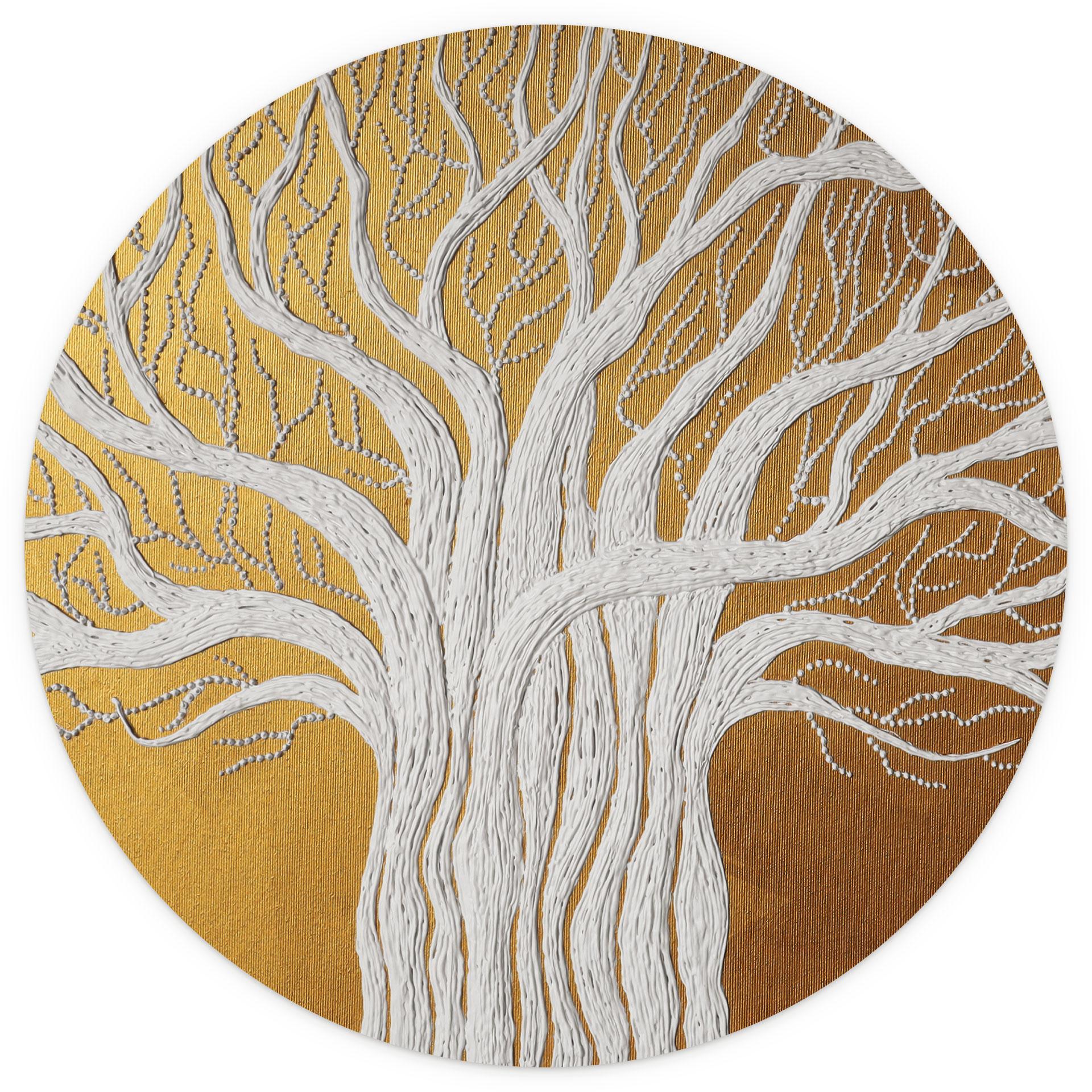 Witte abstracte levensboom | Goud en witte boomkunst - Grande - Rond - vliesbehang/zelfklevend vlies