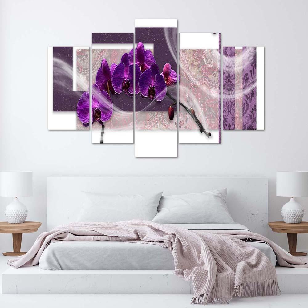 Lærredstryk 5 dele, violet orkidé