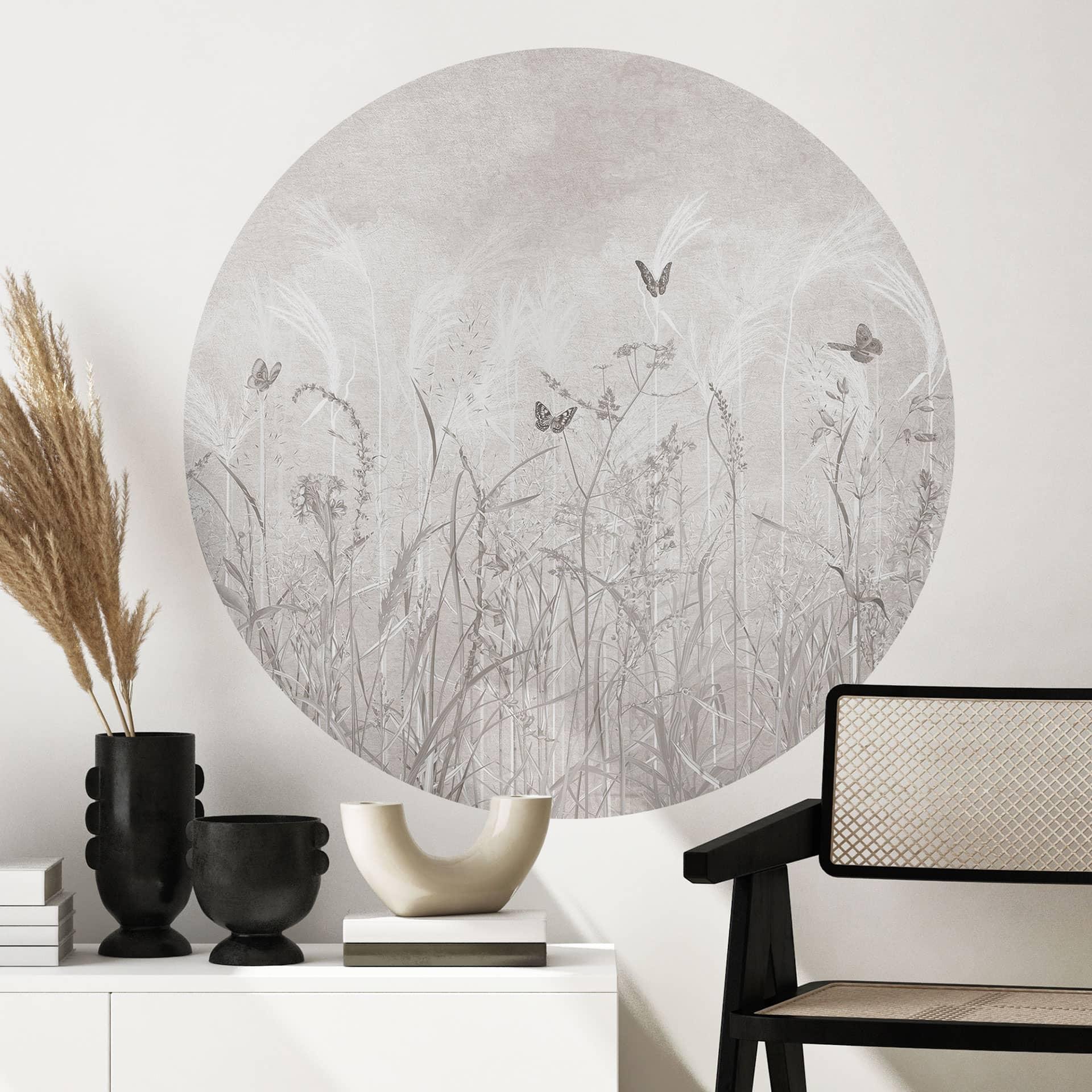 Muursticker wilde bloemenweide met vlinders in Scandinavisch ontwerp - Ms Tiff - Rond